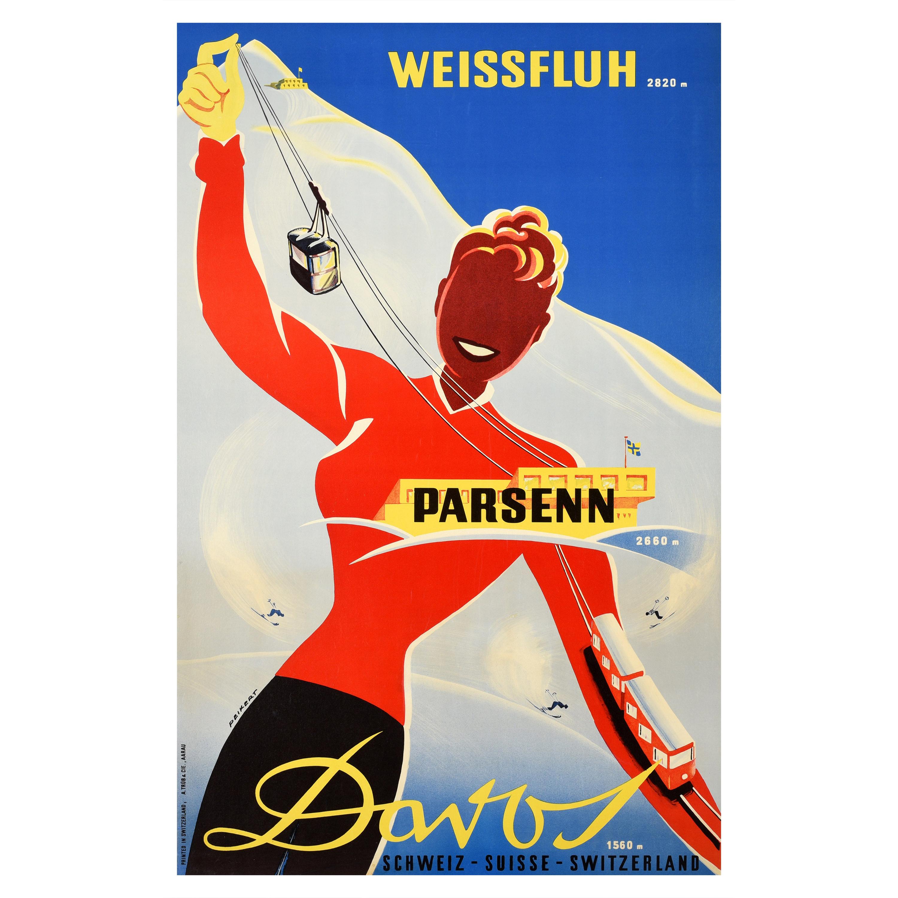 Original Vintage Poster Weissfluh Parsenn Davos Switzerland Skiing Winter Sport