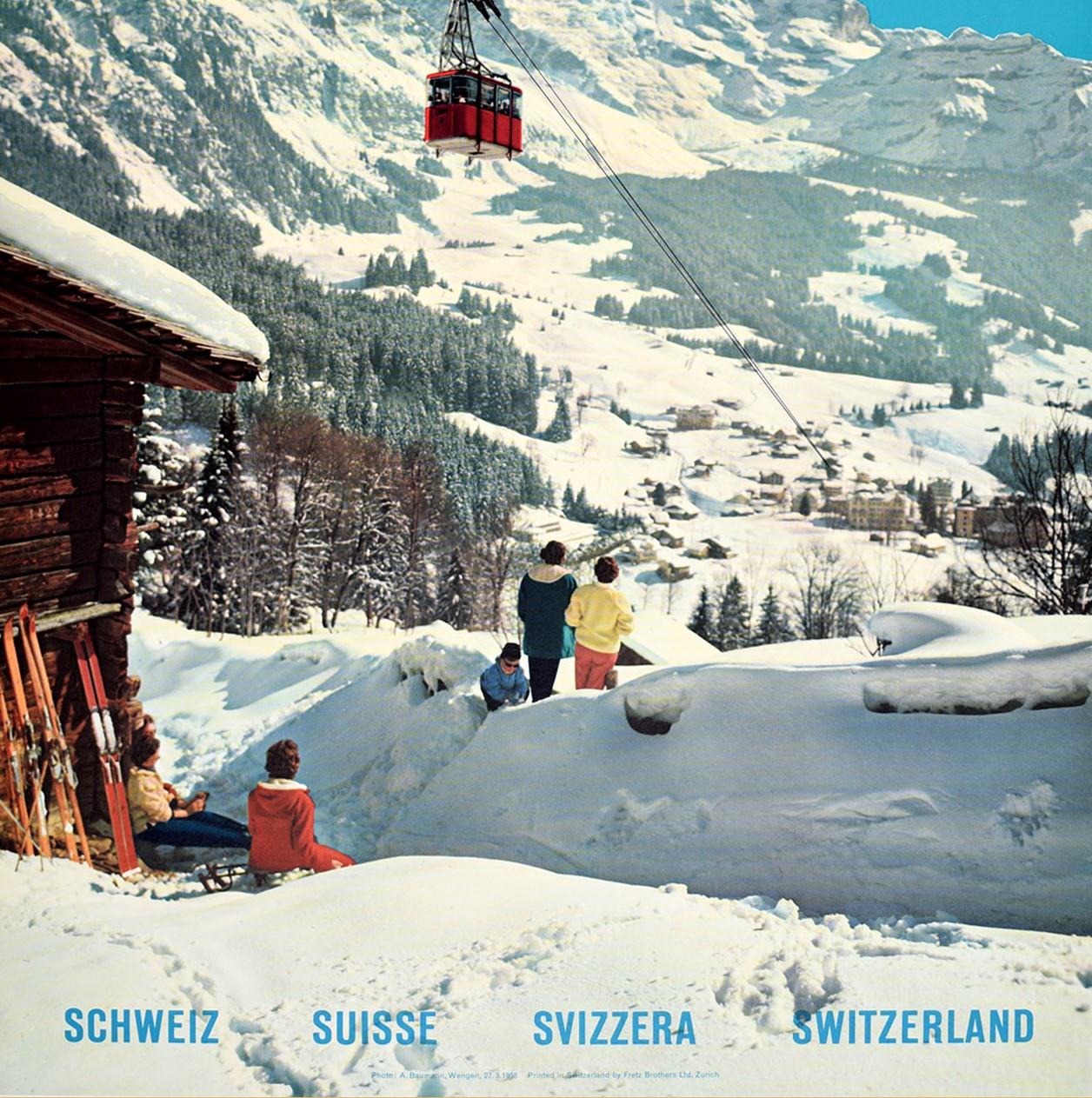 Original Vintage Poster Wengen Mannlichen Mountains Swiss Alps Ski Winter Sport In Good Condition In London, GB