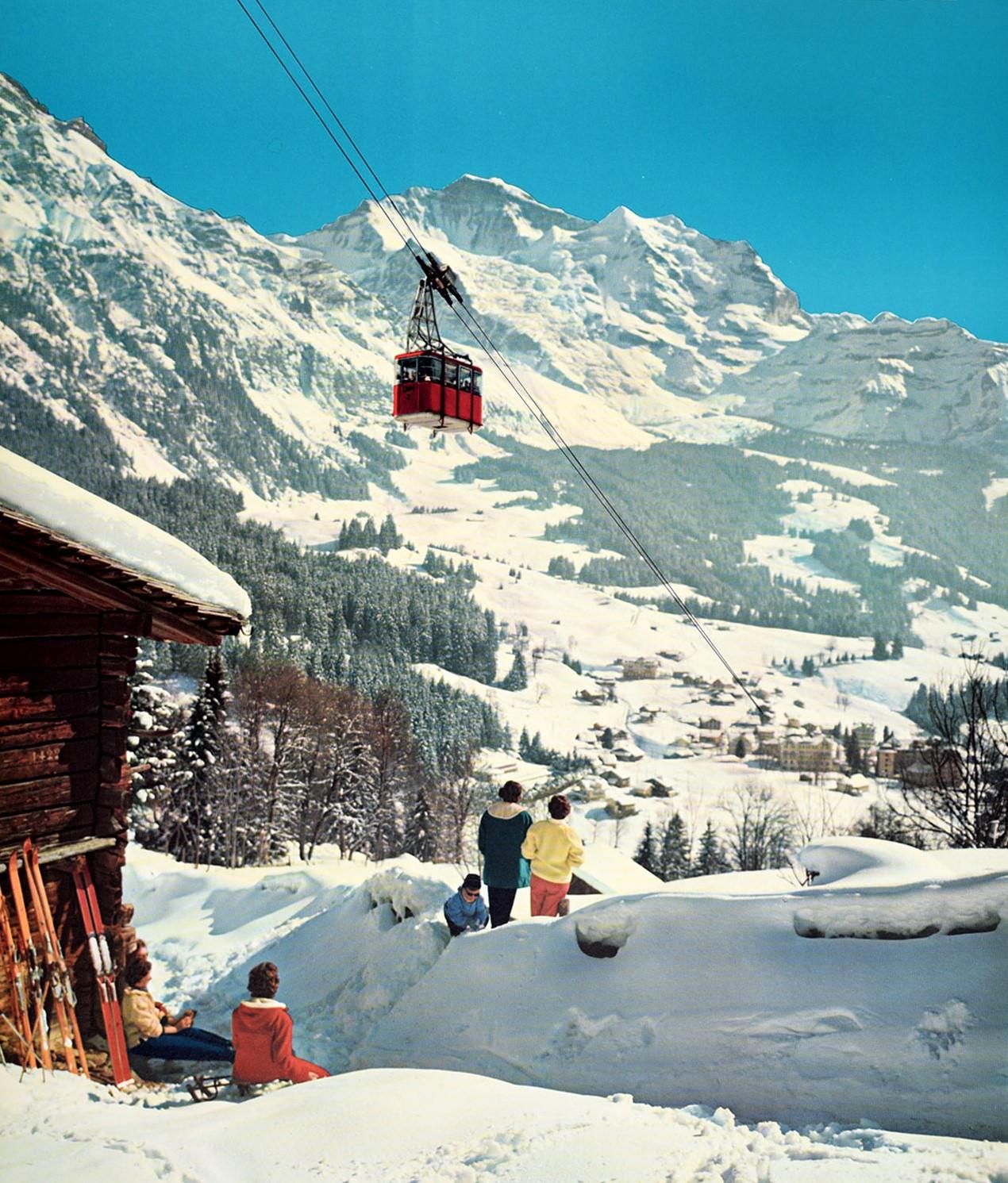 Mid-20th Century Original Vintage Poster Wengen Mannlichen Mountains Swiss Alps Ski Winter Sport