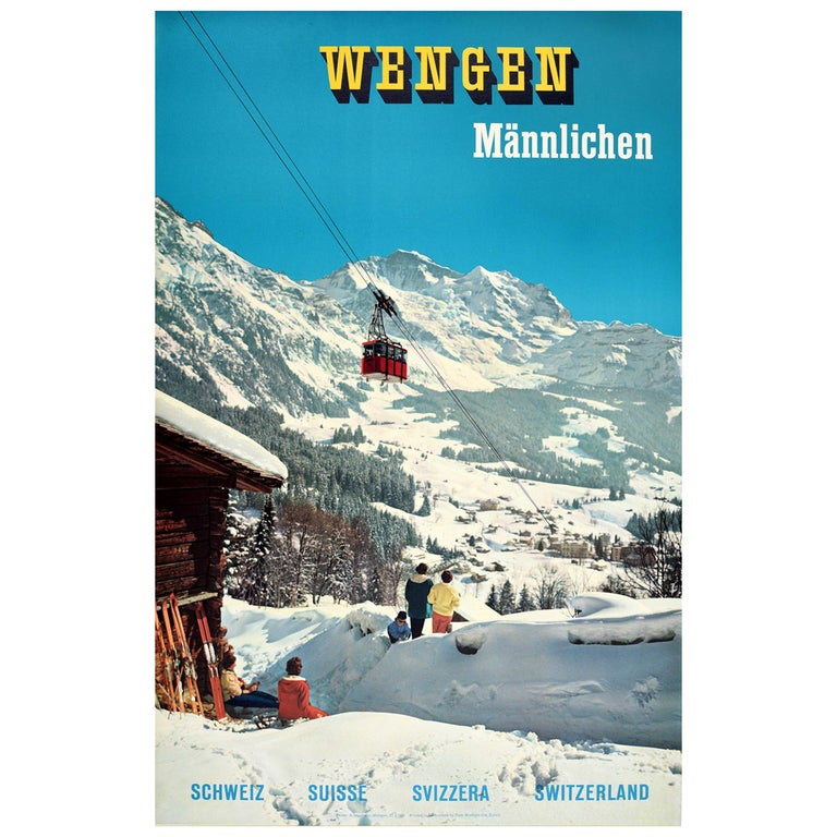 Original Vintage Poster Wengen Mannlichen Mountains Swiss Alps Ski Winter Sport For Sale