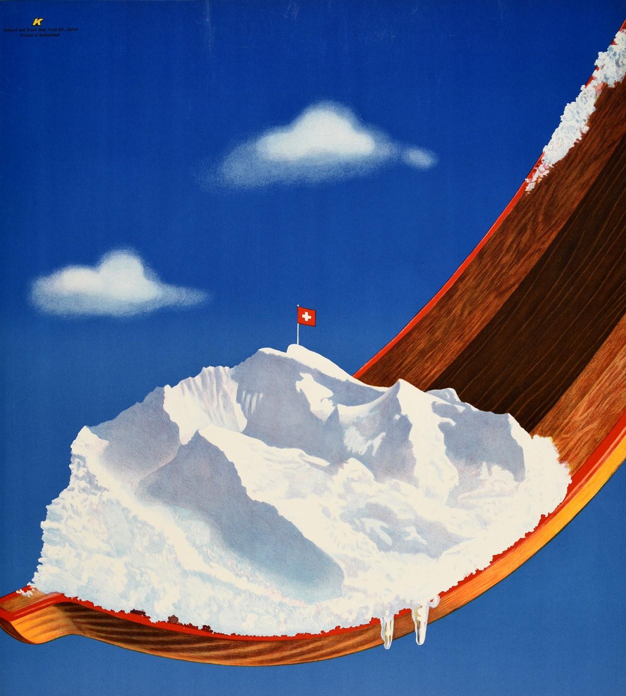 Original vintage ski and winter sport travel poster for the popular ski resort of Wengen, a village located in the Bernese Oberland region of Switzerland, featuring a colorful image of the snow white alpine mountains being served to the viewer on