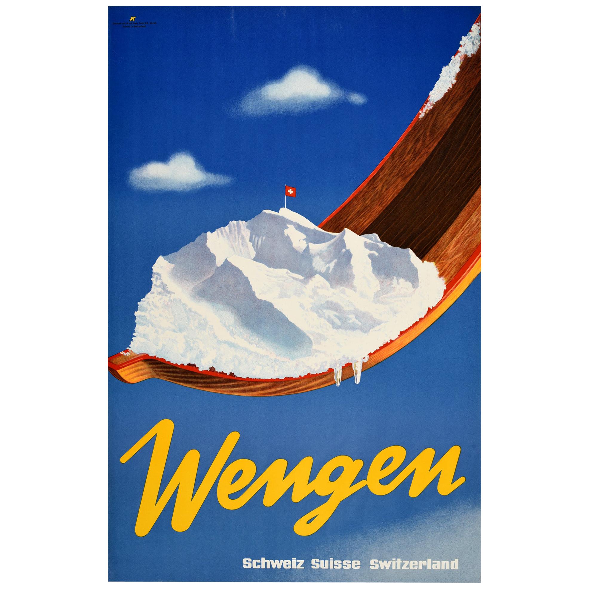 Original Vintage Poster Wengen Switzerland Winter Sport Skiing Swiss Alps Resort