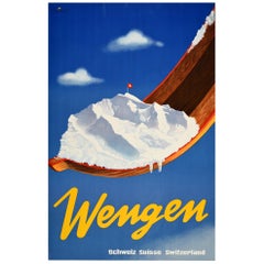 Original Vintage Poster Wengen Switzerland Winter Sport Skiing Swiss Alps Resort