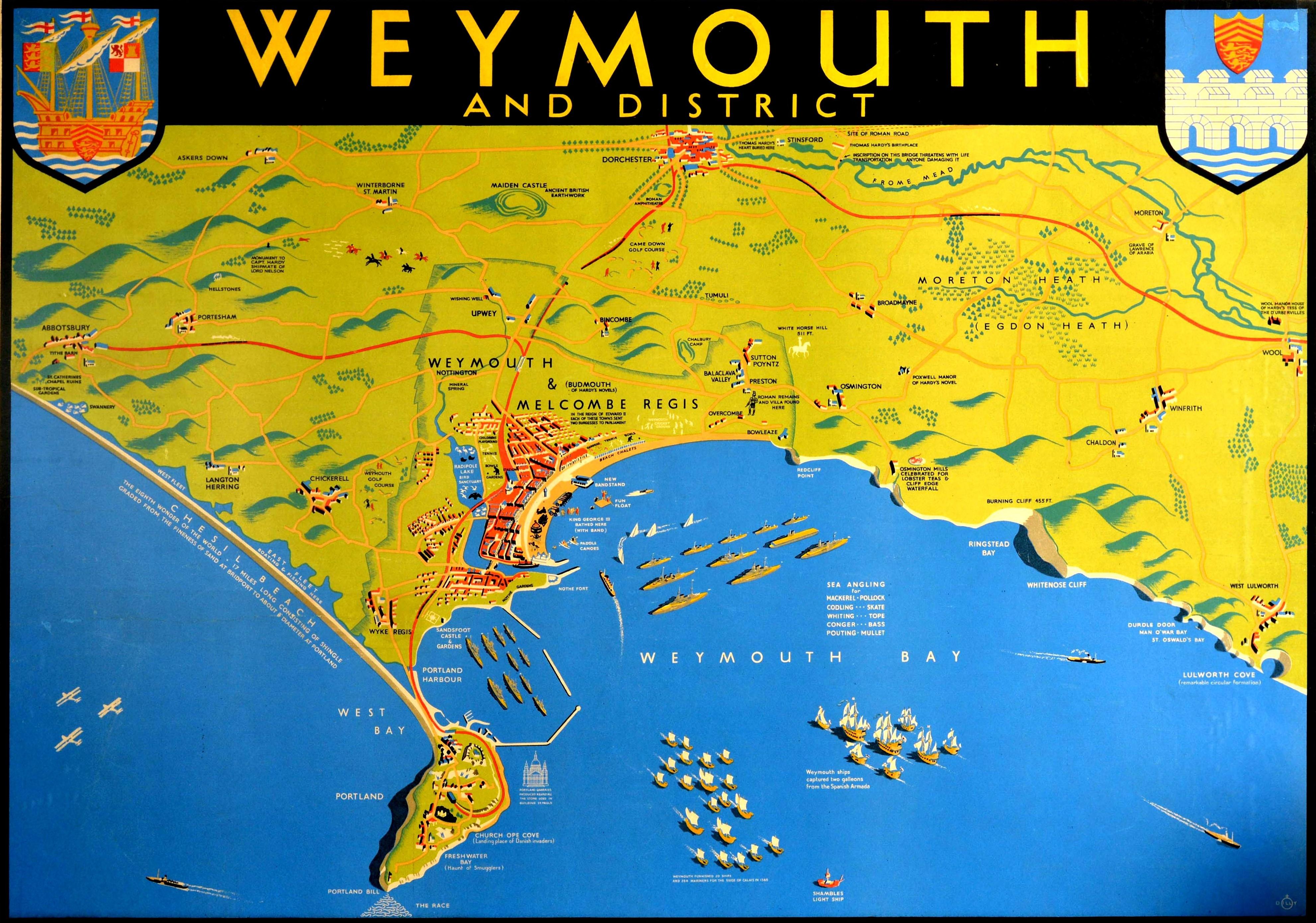 Original vintage railway travel poster for Weymouth and District Frequent Express Trains and Cheap Fares GWR Great Western Railway SR Southern Railway featuring a pictorial map of Weymouth and Melcombe Regis with significant locations and historical