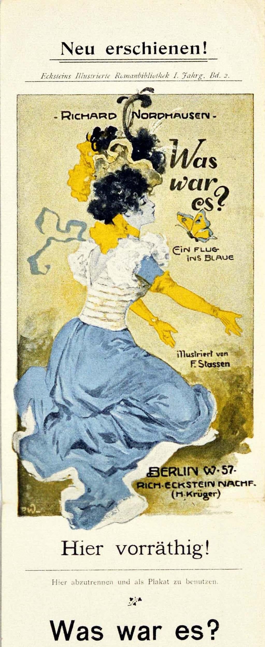 Original vintage advertising poster for a new book from Eckstein's Illustrated Novel Library entitled Was war es? Ein flug ins blaue - What Was It? A Flight Into The Blue by Richard Nordhausen (1868-1941), also known by the pseudonyms Max Kempff and