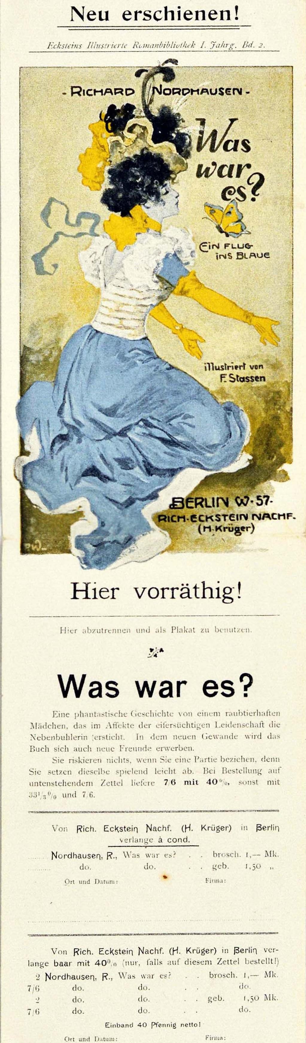 German Original Vintage Poster What Was It A Flight Into The Blue Belle Epoque Art Book For Sale