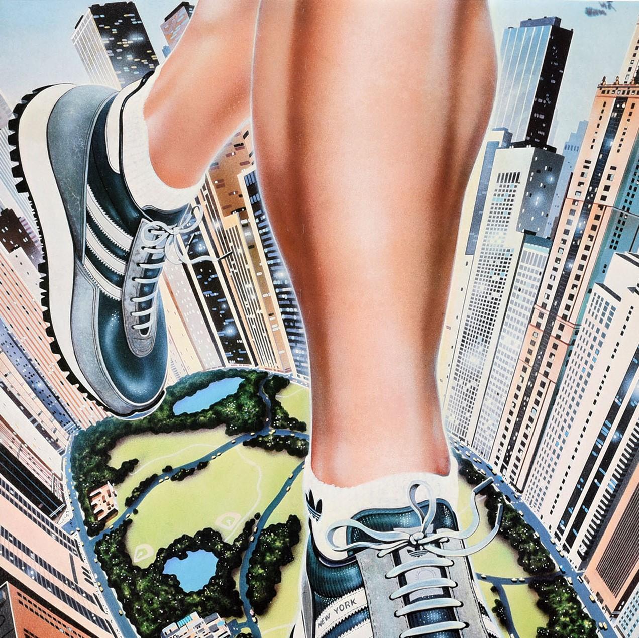Original vintage sports shoe advertising poster for Adidas - Wherever you live, run in New York - featuring the legs of a runner wearing a pair of the fashionable and legendary 1980s Adidas Originals New York sneakers with a bird's eye view of the
