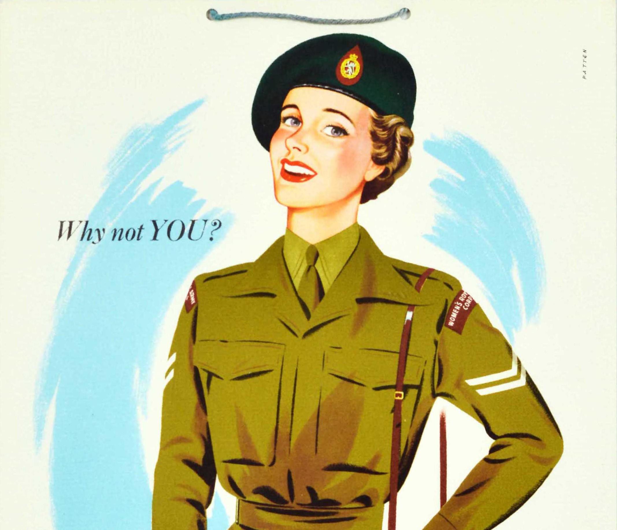 Originales britisches Militärrekrutierungsplakat für das Women's Royal Army Corps (1949-1992) Territorial Army - Why not You? Treten Sie dem WRAC (TA) bei und machen Sie Ihre Freizeit lohnenswert - mit einer jungen Dame in Armeeuniform, die den