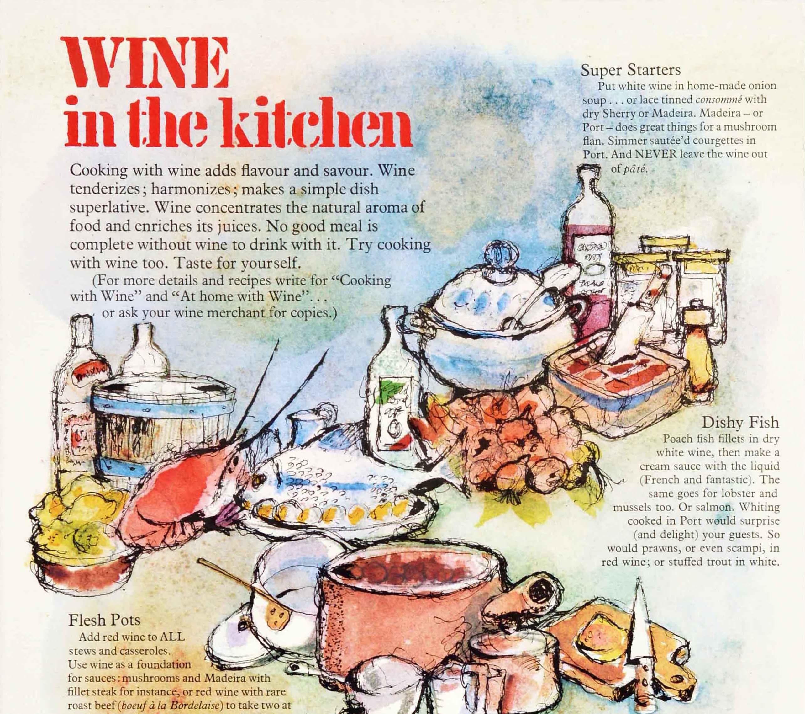 Original vintage cooking poster featuring colourful illustrations of pots, pans, fish, meat, vegetables, fruit, salt and pepper, a cutting board and knife, food packets, oil, wine and serving dishes in a kitchen setting running between the