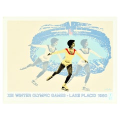 Original Vintage Poster Winter Olympic Games Lake Placid New York Ice Skater Art