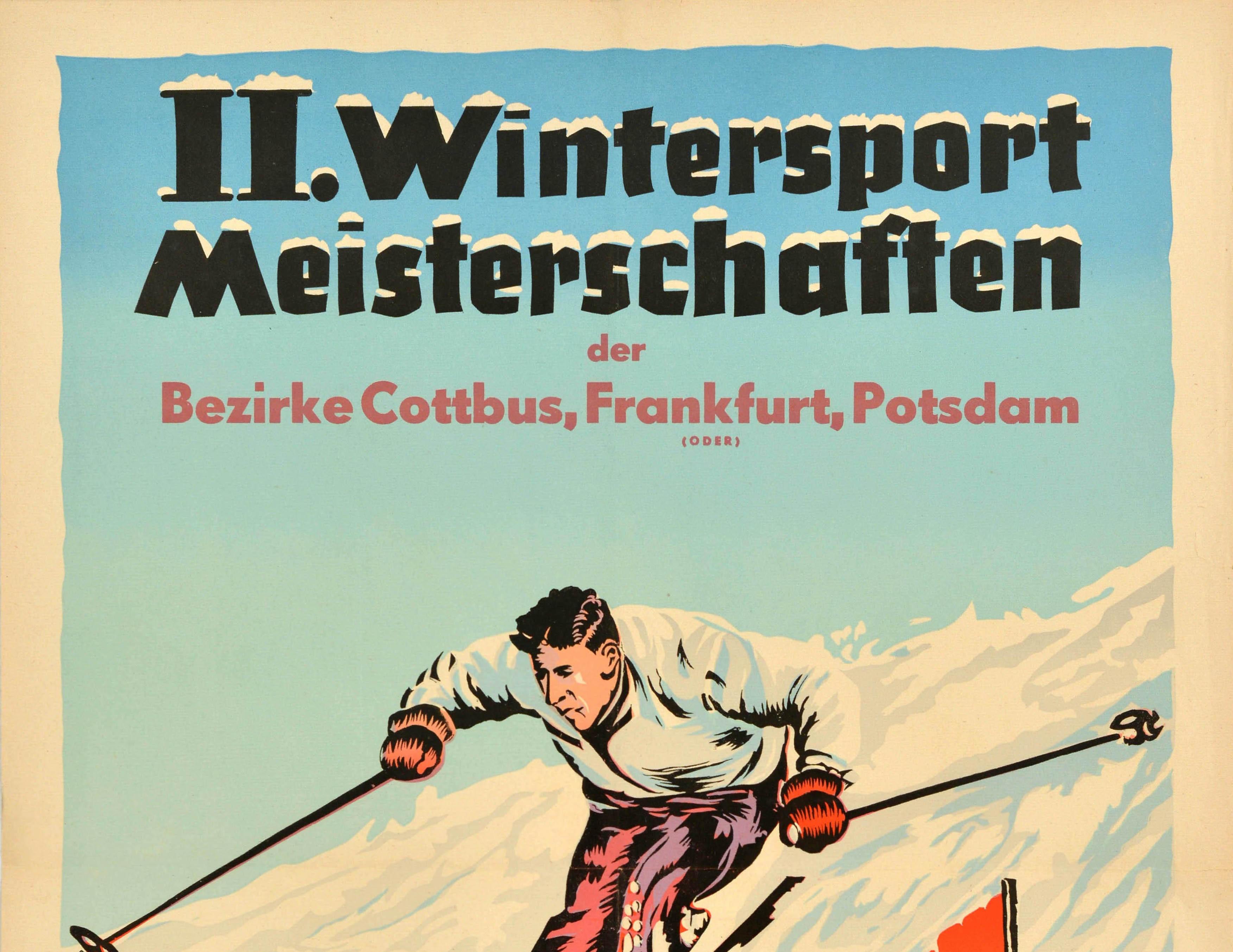 Original vintage sport event poster for the 2nd Winter Sports Championships / II Wintersport Meisterschaften der Cottbus Frankfurt Potsdam from 20-24 January 1954 in Stutzerbach Thuringen. Dynamic illustration of a slalom skier skiing down the slope