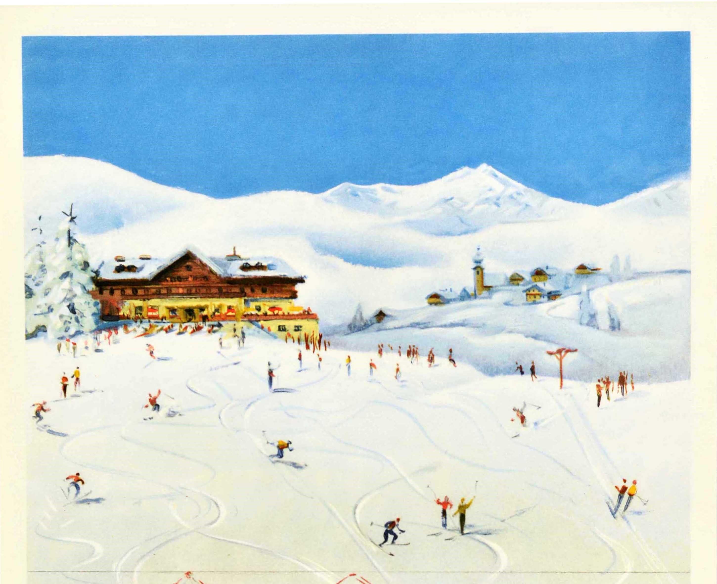 Original vintage winter sport and ski travel poster - Autriche OBB Chemins de Fer Federaux Autrichiens / Austria OBB Austrian Federal Railways - featuring skiers on a snowy hill skiing down and taking a drag lift up on the side in front of a snow