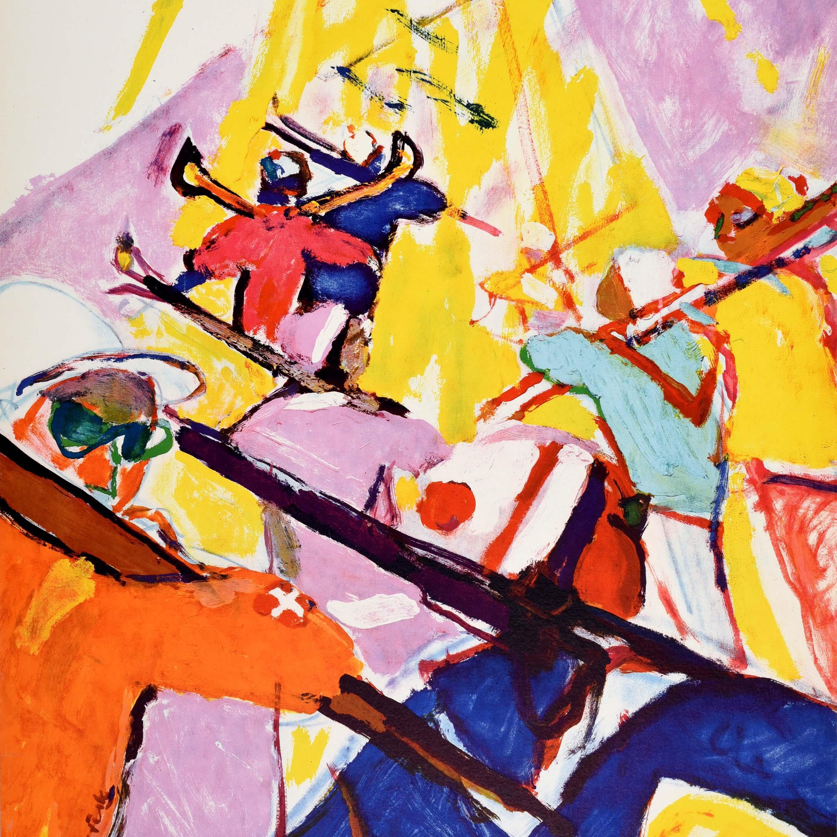 Original vintage winter sport and skiing poster - Sport Au Soleil En Suisse / Sport In The Sun In Switzerland - featuring colourful artwork by the notable artist Hans Falk (1918-2002) of a group of skiers holding their skis over their shoulders as