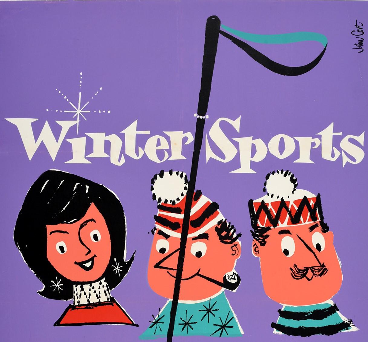 Original vintage skiing poster - Winter Sports Go by Train - featuring a fun and colourful cartoon illustration of a smiling lady in a red jumper, a man wearing a bobble hat and smoking a pipe and another man with a moustache below the stylised