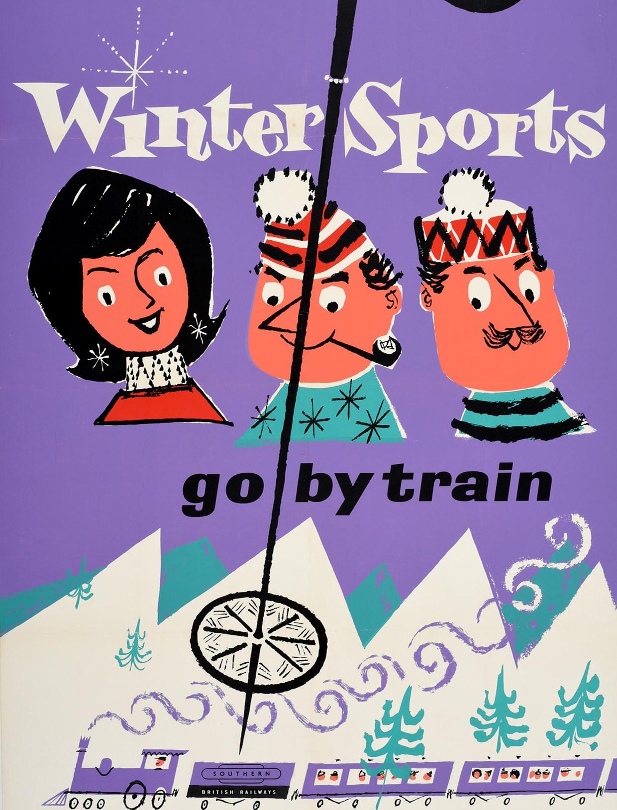 Mid-20th Century Original Vintage Poster Winter Sports Go By Train British Railways Skiing Europe For Sale