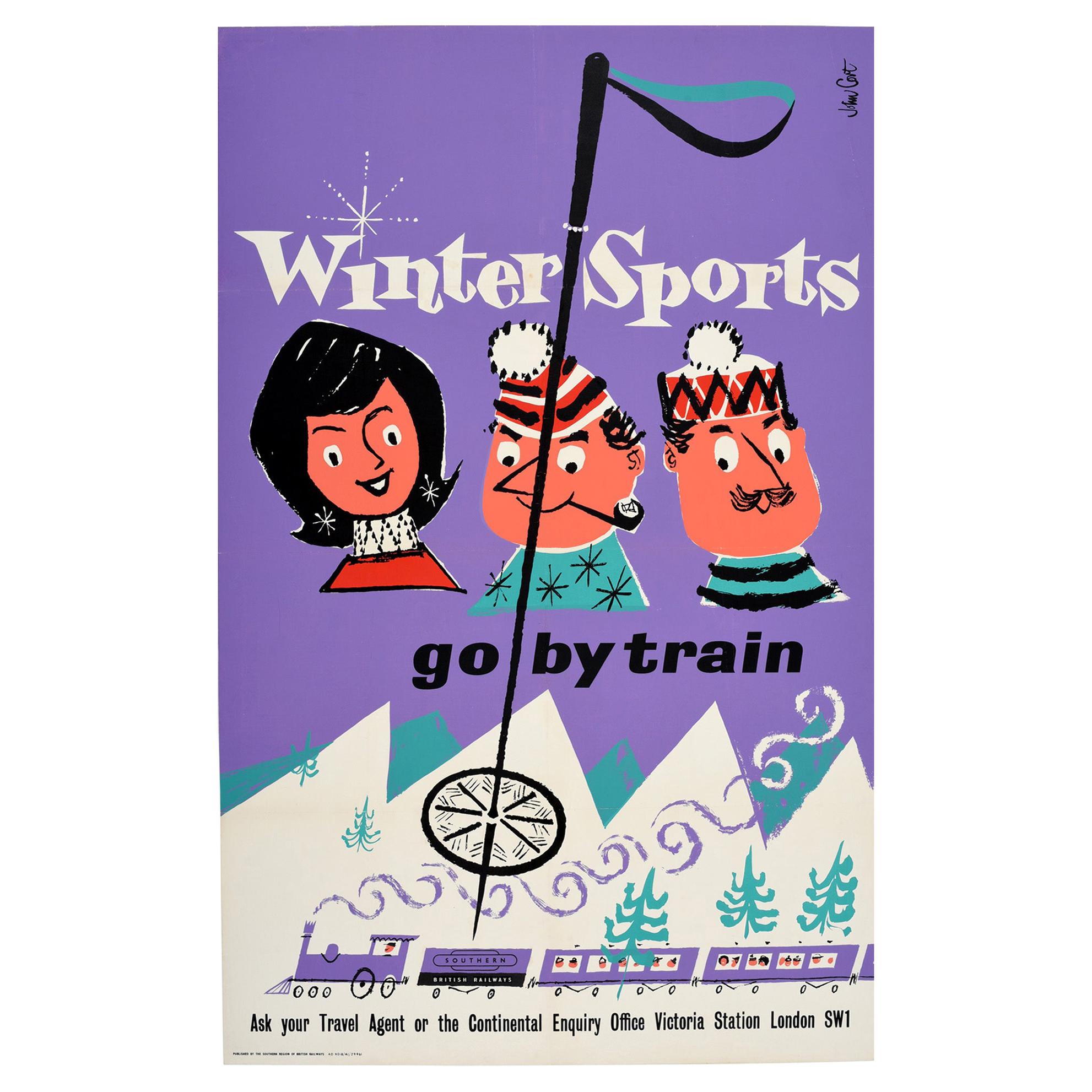 Original Vintage Poster Winter Sports Go By Train British Railways Skiing Europe For Sale