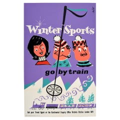 Original Retro Poster Winter Sports Go By Train British Railways Skiing Europe