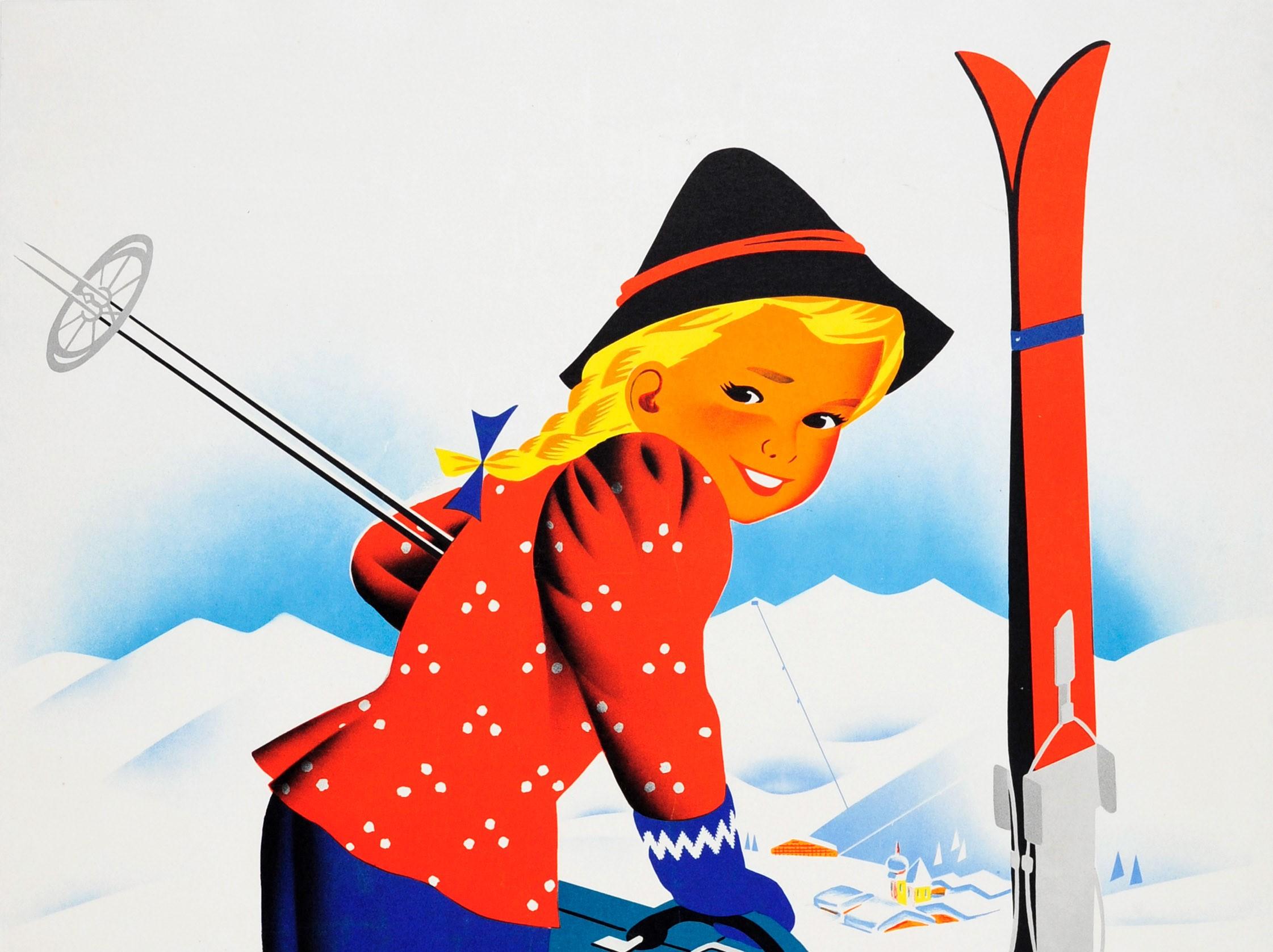 Original vintage ski poster promoting winter sports in Austria. Great artwork featuring a traditionally dressed young girl in front of her suitcase covered with stickers of major Austrian ski resorts with snowy mountains in the background.