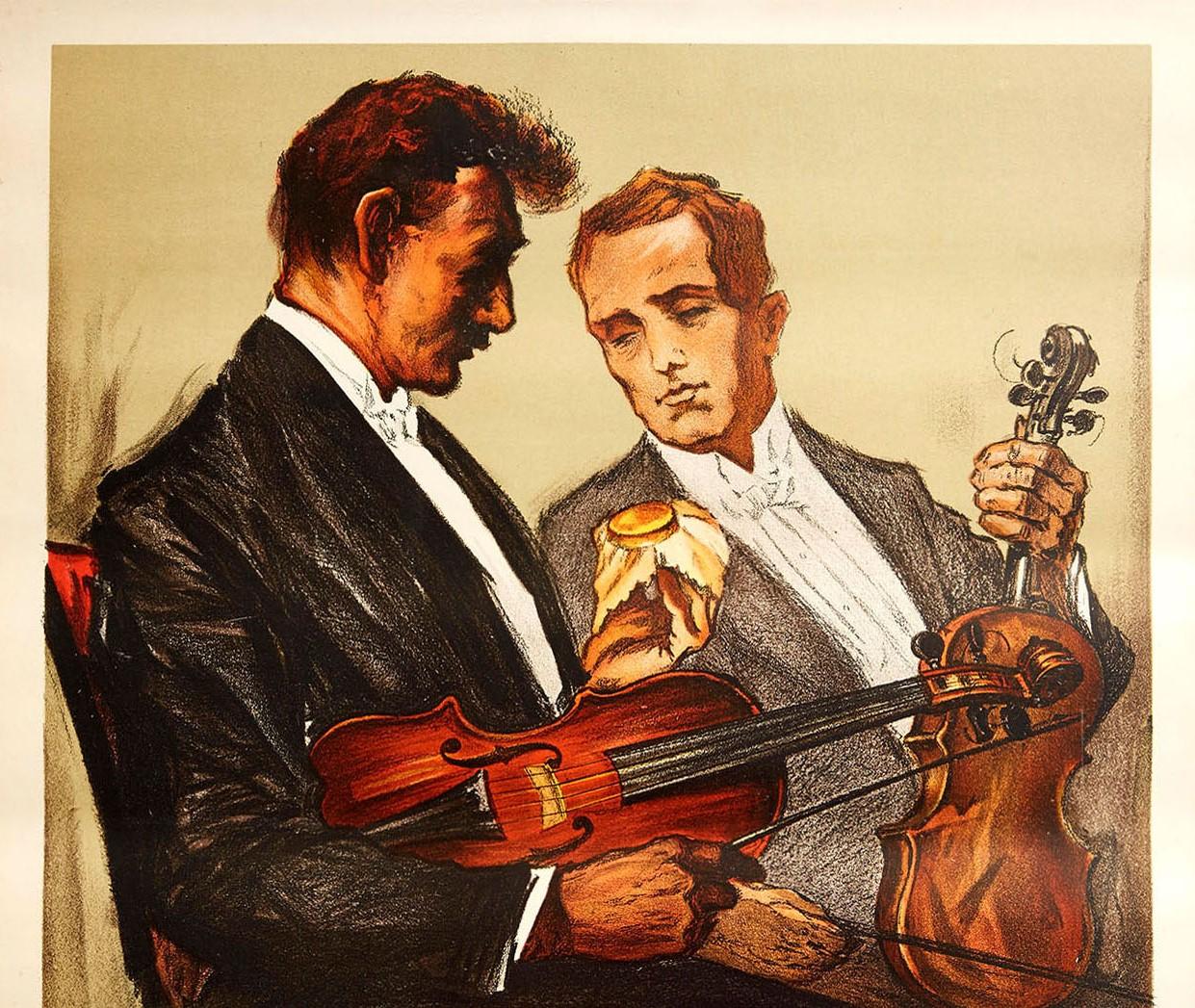 Original vintage poster featuring great artwork of two musicians in smart suits holding their violins with one man holding his dull looking violin and admiring the shiny waxed violin of the other, achieved by using the pot of wood wax being