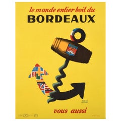 Original Vintage Poster World Drinks Bordeaux Wine France Anchor Flags Corkscrew