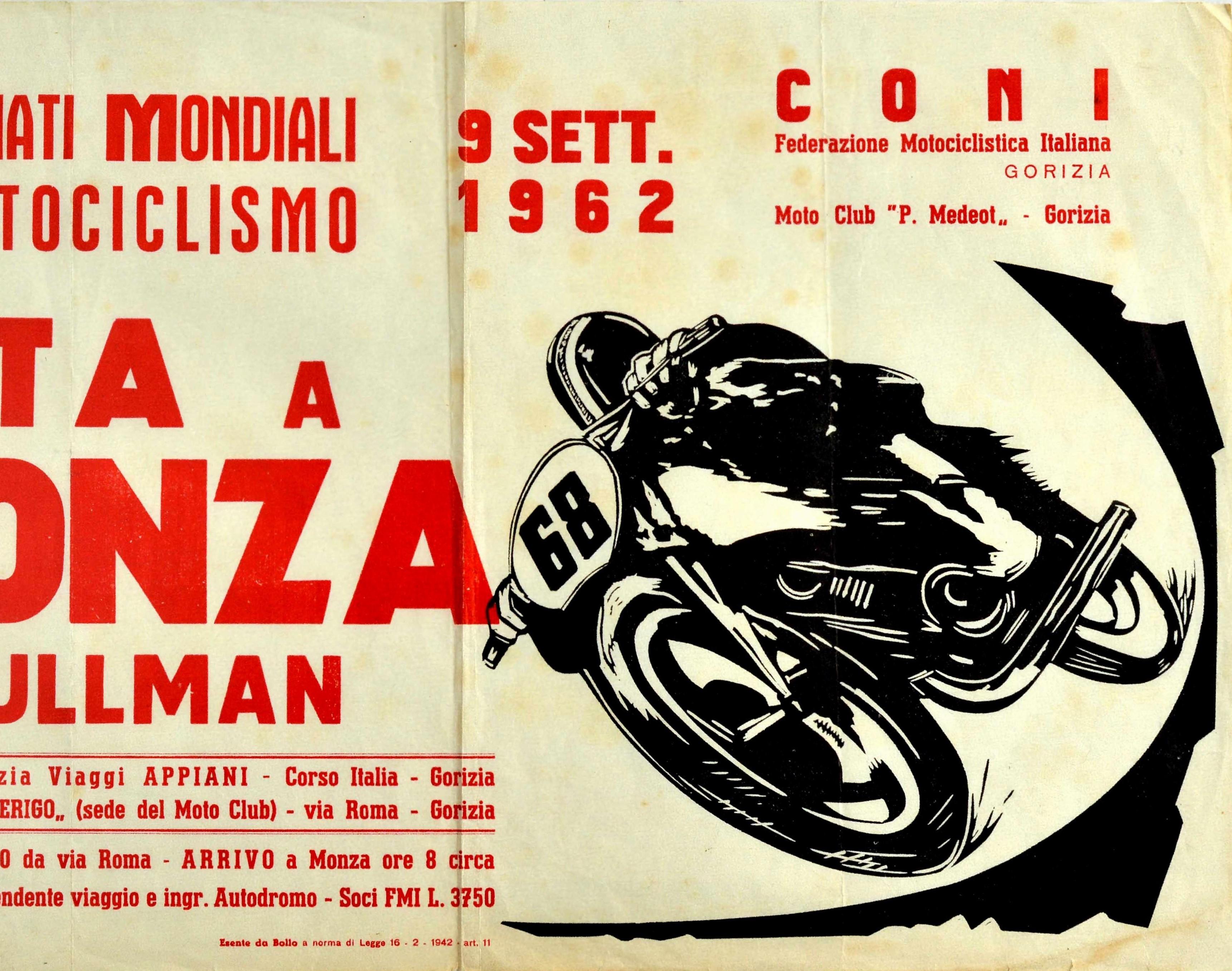 Original vintage sport advertising poster for the 1962 World Motorcycling Championships in Monza on 9 September - Campionati Mondiale di Ciclicismo Gita a Monza in Pullman 9 Sett. 1962 - featuring a dynamic image in black and white of a motorcycle