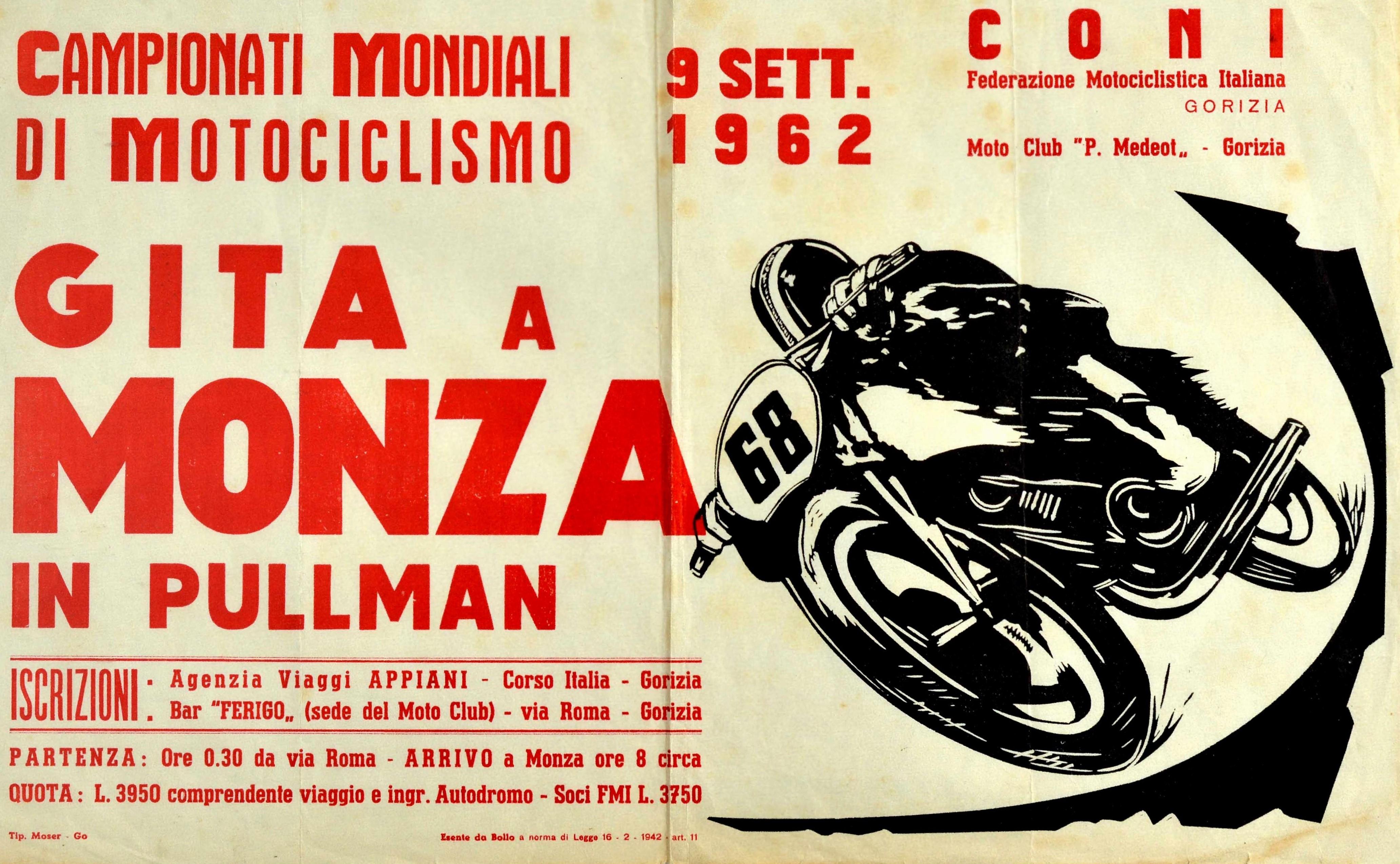 Italian Original Vintage Poster World Motorcycling Championships Monza 1962 Sport Event
