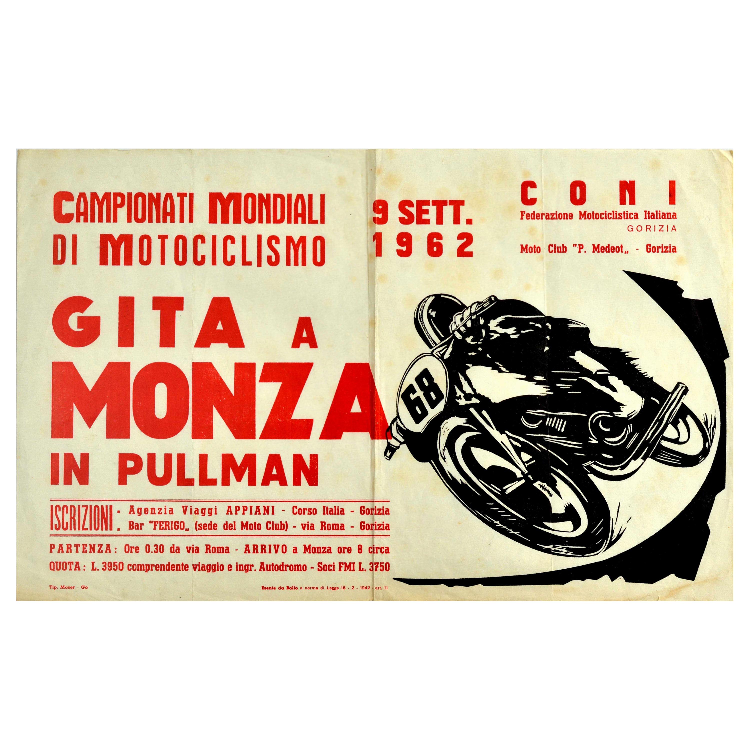 Original Vintage Poster World Motorcycling Championships Monza 1962 Sport Event