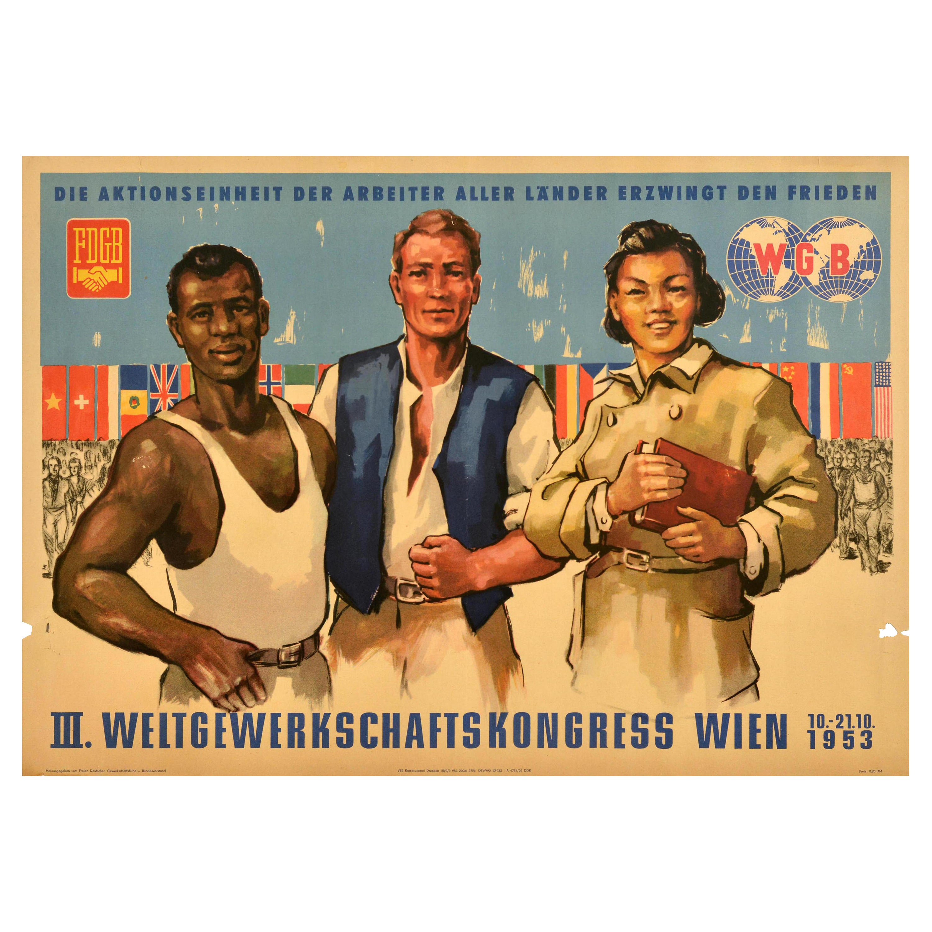 Original Vintage Poster World Trade Union Congress Vienna Worker Unity FDGB WGB For Sale