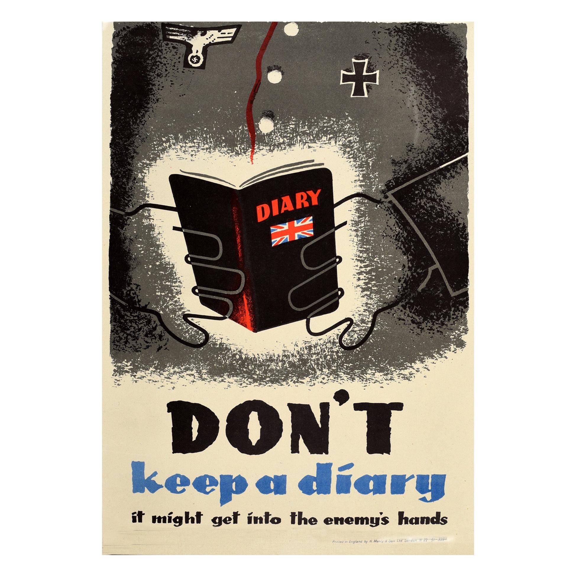 Original Vintage Poster World War Two Propaganda Don't Keep A Diary Enemy Hands
