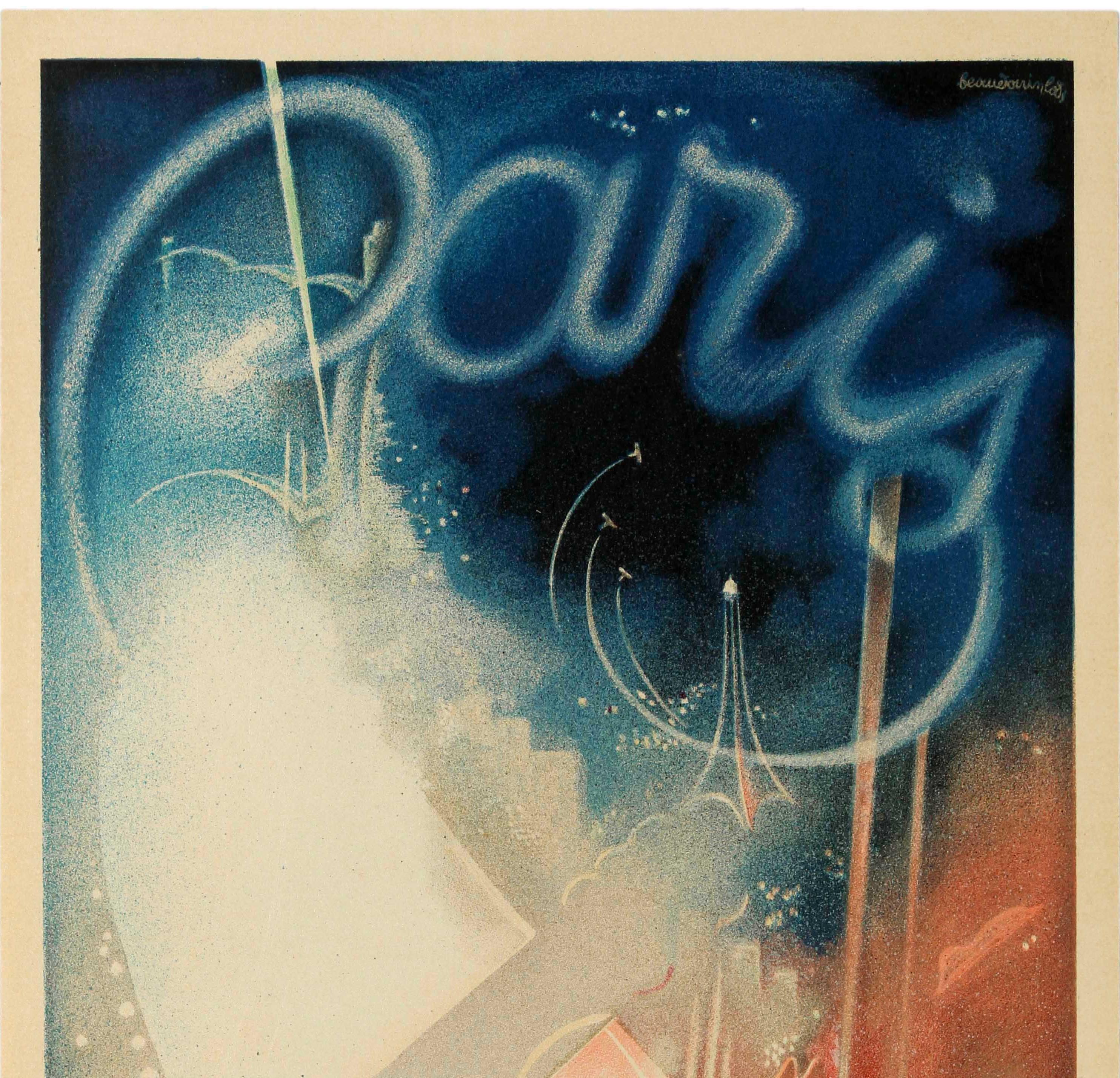 Original vintage travel advertising poster for the World's Fair in Paris held from May-November 1937 / Exposition Internationale on the theme of Art and Technology in Modern Life featuring a great design by Eugene Beaudoin (1898-1983) and Marcel