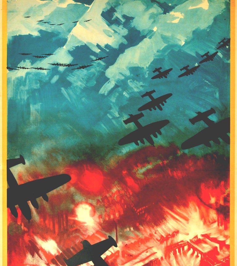Original vintage World War Two propaganda poster in Portuguese - A Gra Bretanha Defensora de Liberdade Os avioes pesados de bombardeamento da R.A.F. voam muitas vezes uma distancia total de 2000 quilometros a 5000 metros de altura sobre as montanhas