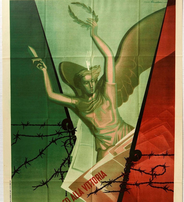 Original vintage Italian World War Two poster - Buoni del Tesoro Aprono iv varco a la vittoria / Treasury Bills open the way to victory - featuring a dynamic Greek Goddess design depicting an image based on the Winged Victory of Samothrace holding