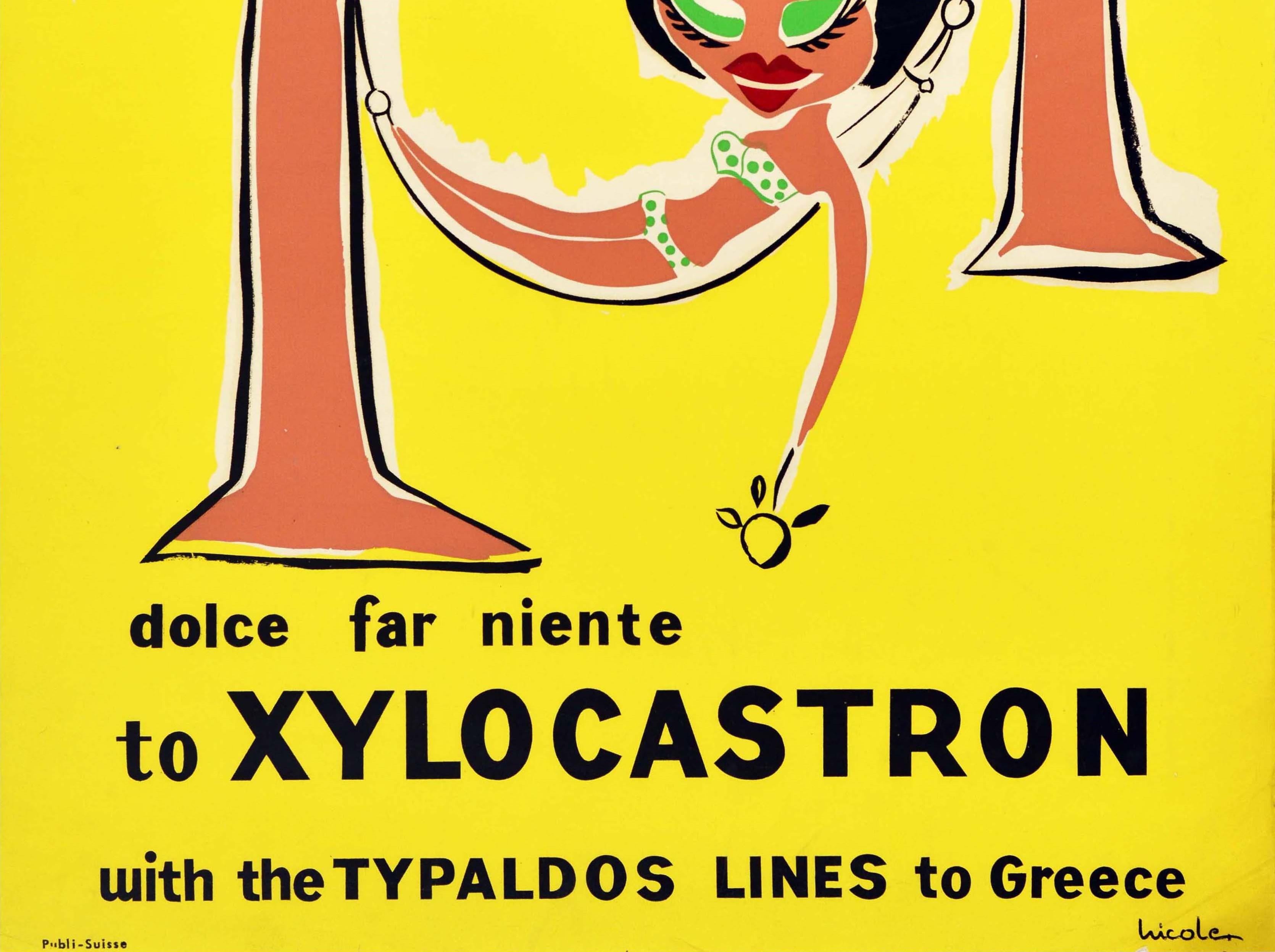 Swiss Original Vintage Poster Xylocastron Greece Holiday Cruise Travel Typaldos Lines For Sale