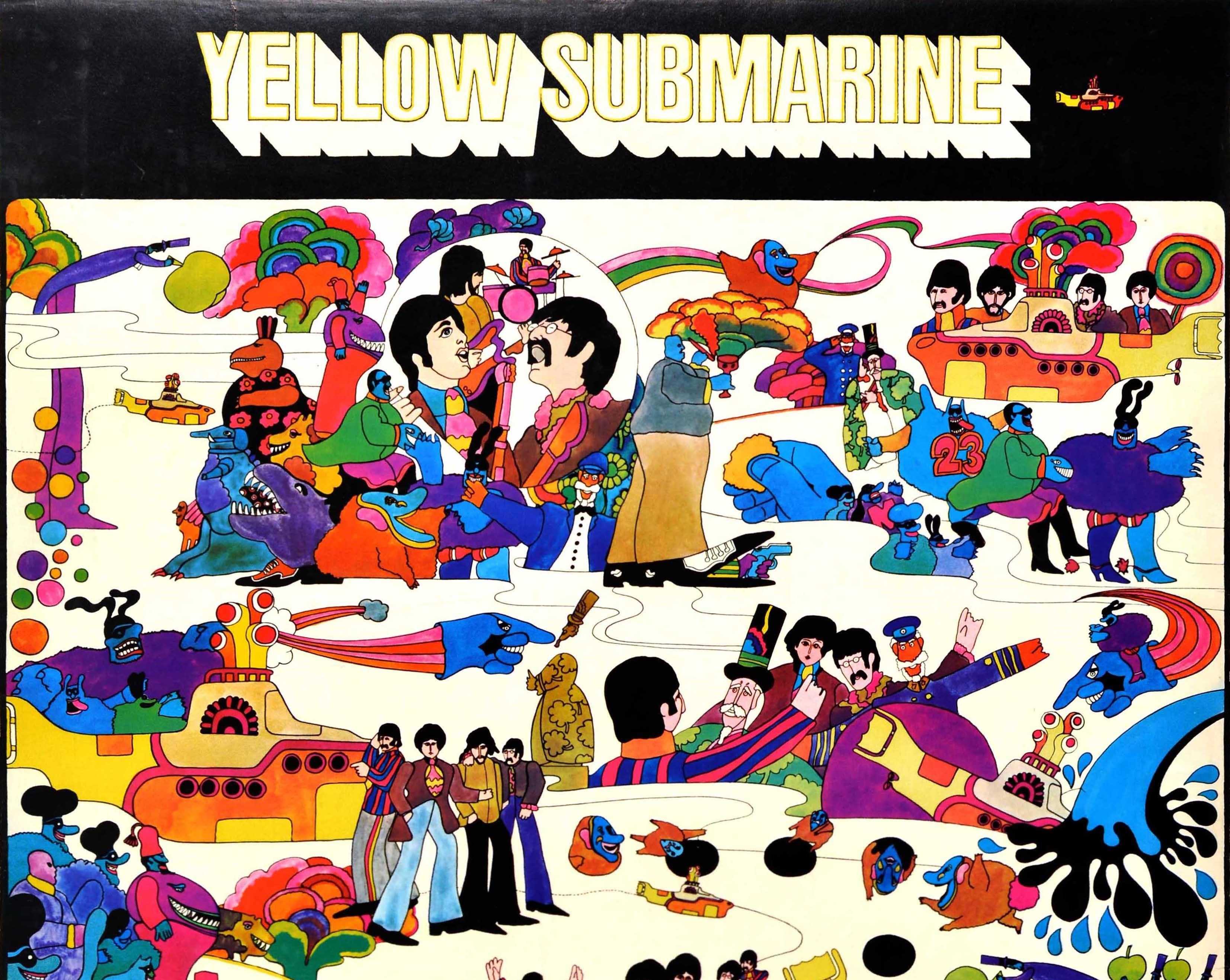 Affiche originale de film musical vintage publiée par Hallmark pour le film d'animation Yellow Submarine avec le Sgt. Pepper's Lonely Hearts Club Band, basé sur une chanson de John Lennon et Paul McCartney et mettant en vedette la musique des
