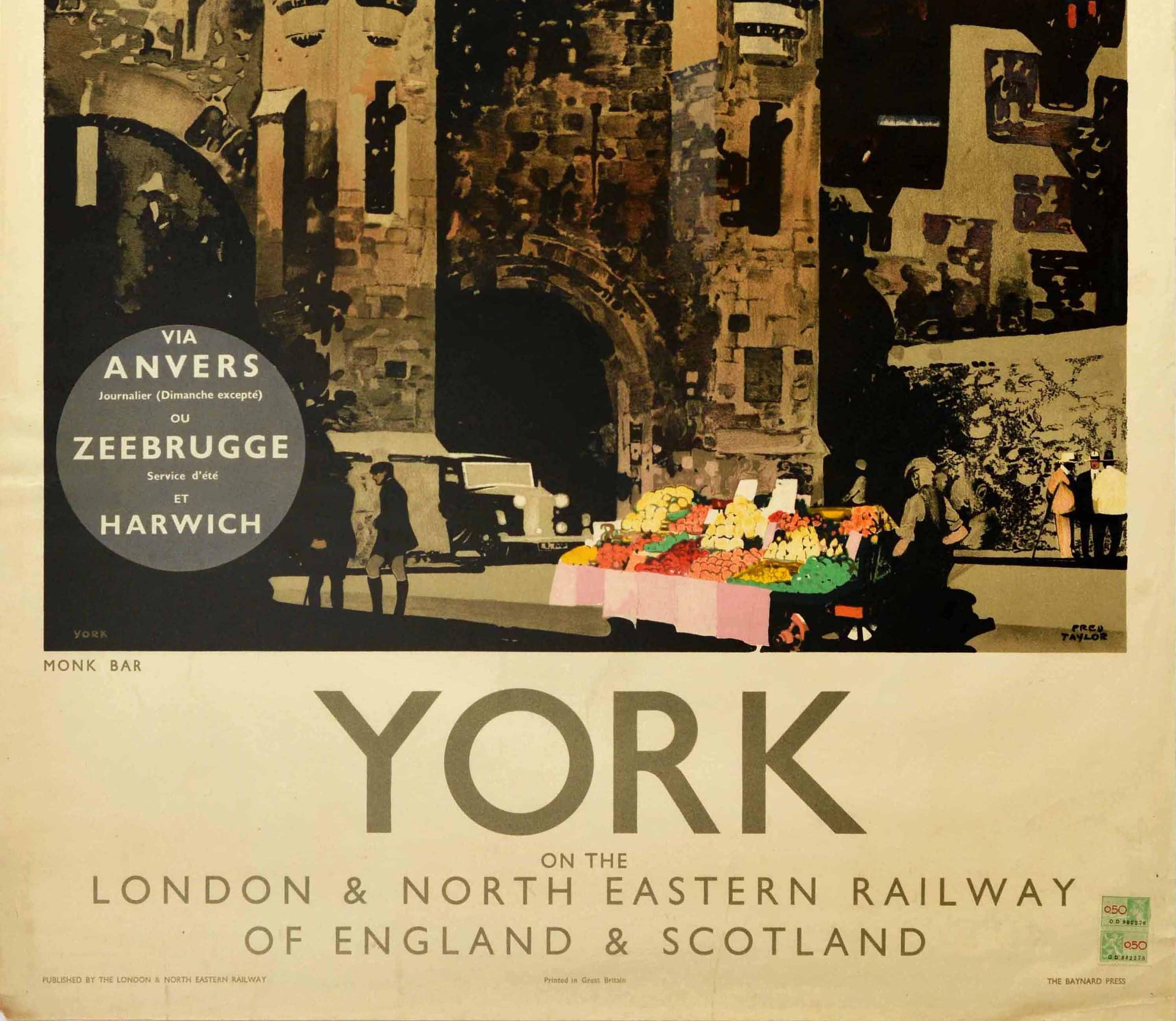 Original Vintage Poster York LNER Railway England & Scotland Monk Bar Gatehouse In Good Condition For Sale In London, GB