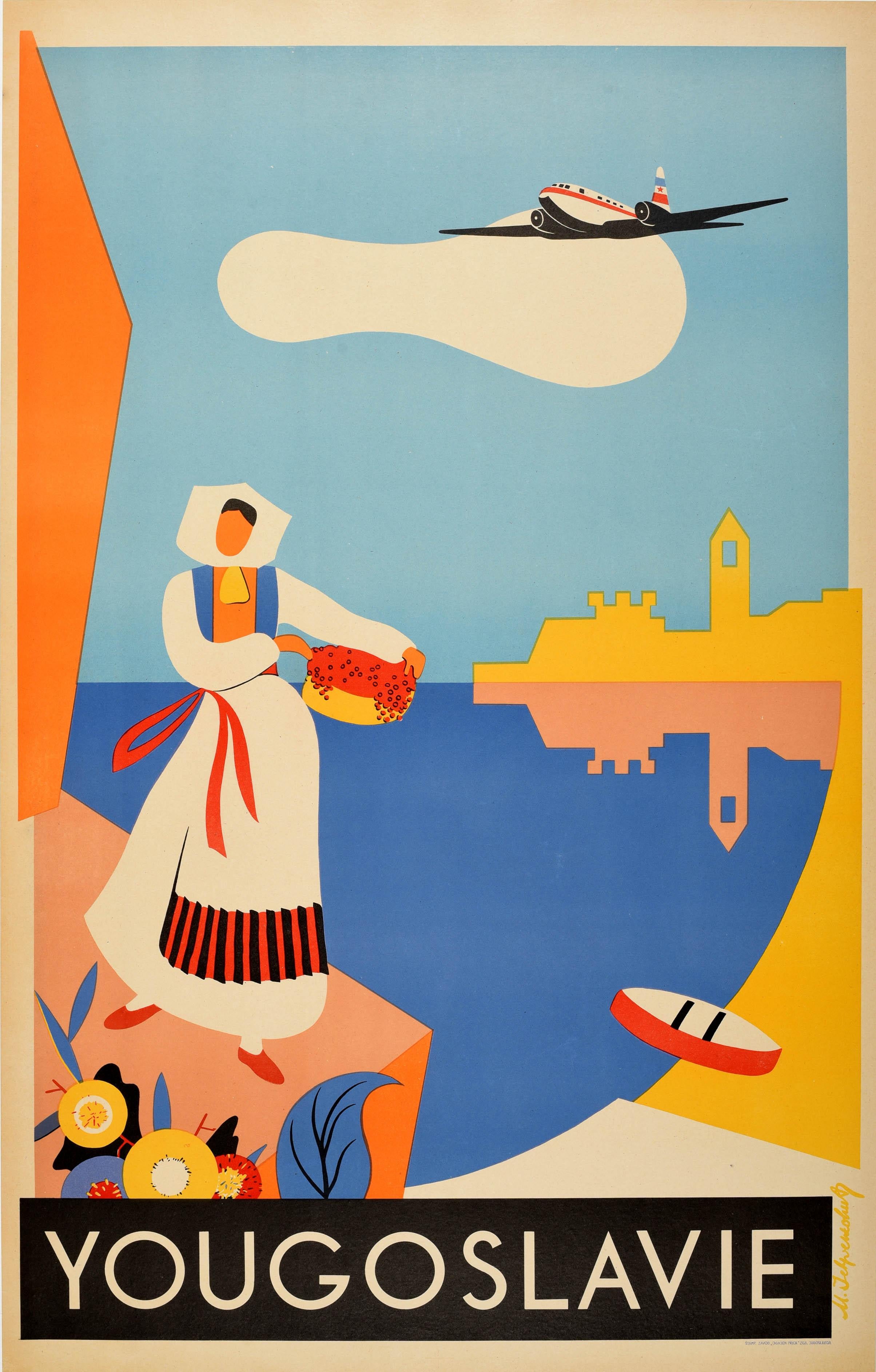 Original vintage travel poster for Yougoslavie / Yugoslavia (now Slovenia) featuring a colourful design depicting a lady in traditional dress holding a basket with flowers in the foreground and a small wooden boat on the beach by the calm blue sea