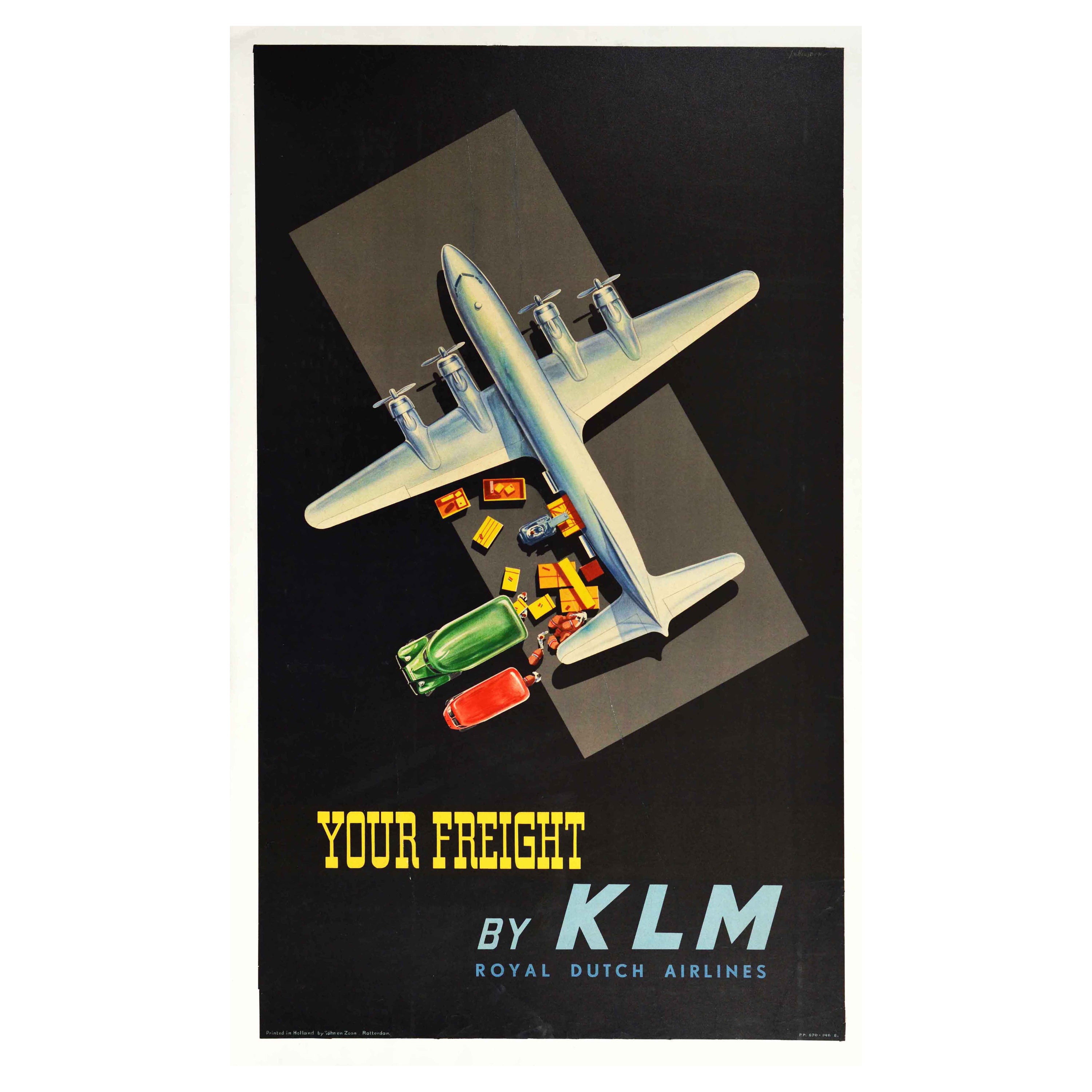 Affiche vintage d'origine Votre Freight par KLM Royal Dutch Airlines, art du milieu du siècle dernier