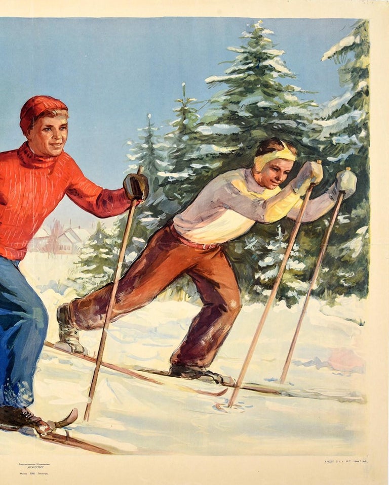 Russian Original Vintage Poster Youth Go Skiing Soviet Winter Sport Skier Health Fitness For Sale