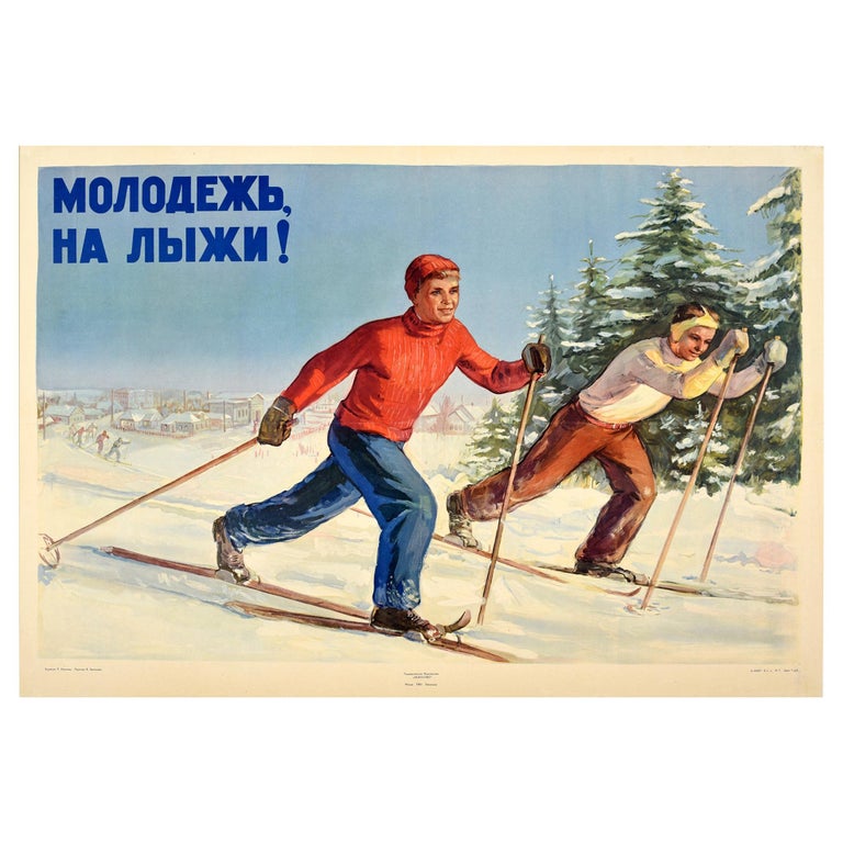 Original Vintage Poster Youth Go Skiing Soviet Winter Sport Skier Health Fitness For Sale