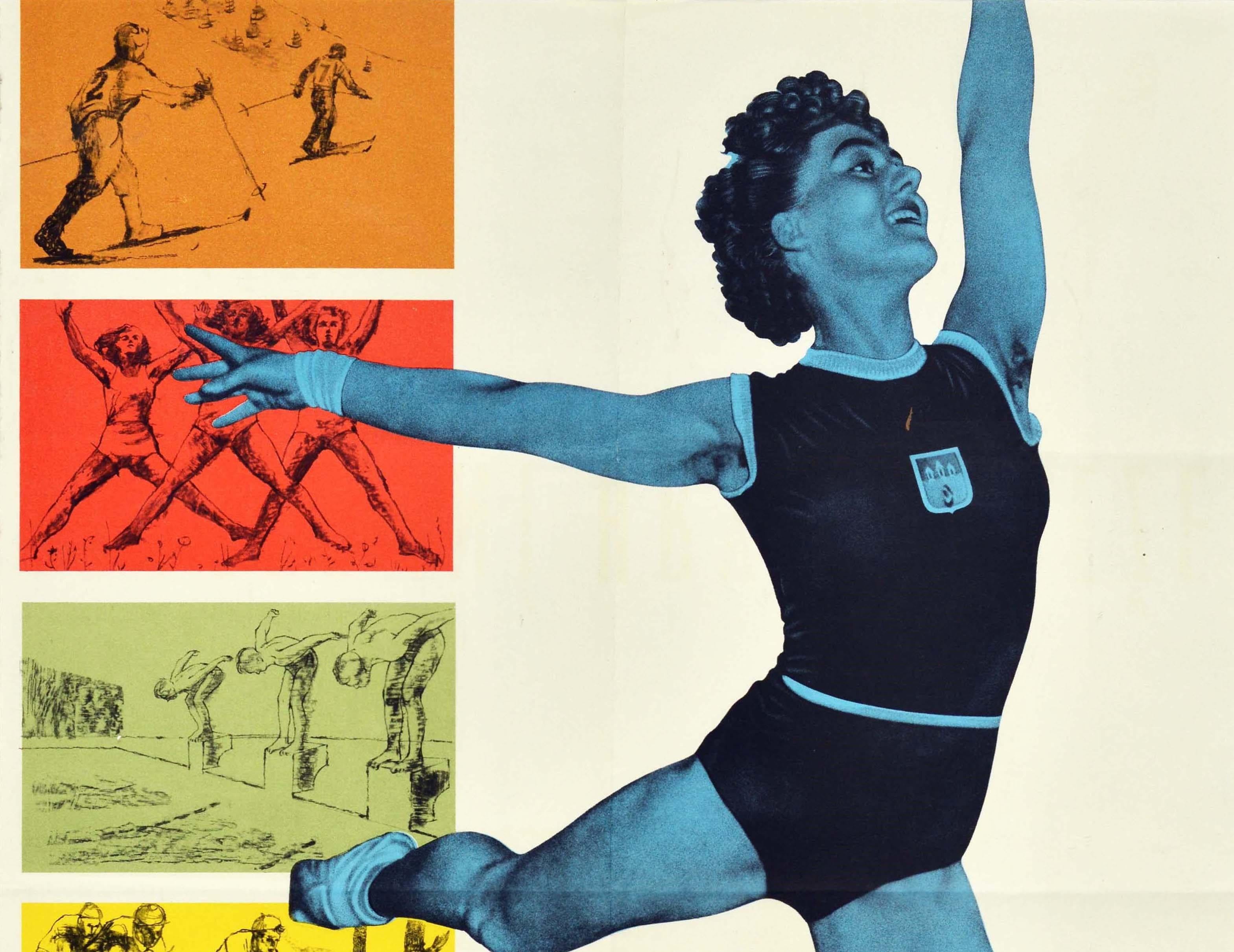Affiche originale d'époque pour les Jeux sportifs de la jeunesse / Sportovni Hry Mladeze comportant une ligne d'images sur le côté gauche représentant des skieurs de fond sur un fond orange, des athlètes effectuant des sauts en étoile sur un fond