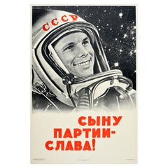 Original-Vintage-Poster Yuri Gagarin, Sowjetisches Kosmonaut, Kommunistische Partei, Glory, UdSSR, UdSSR