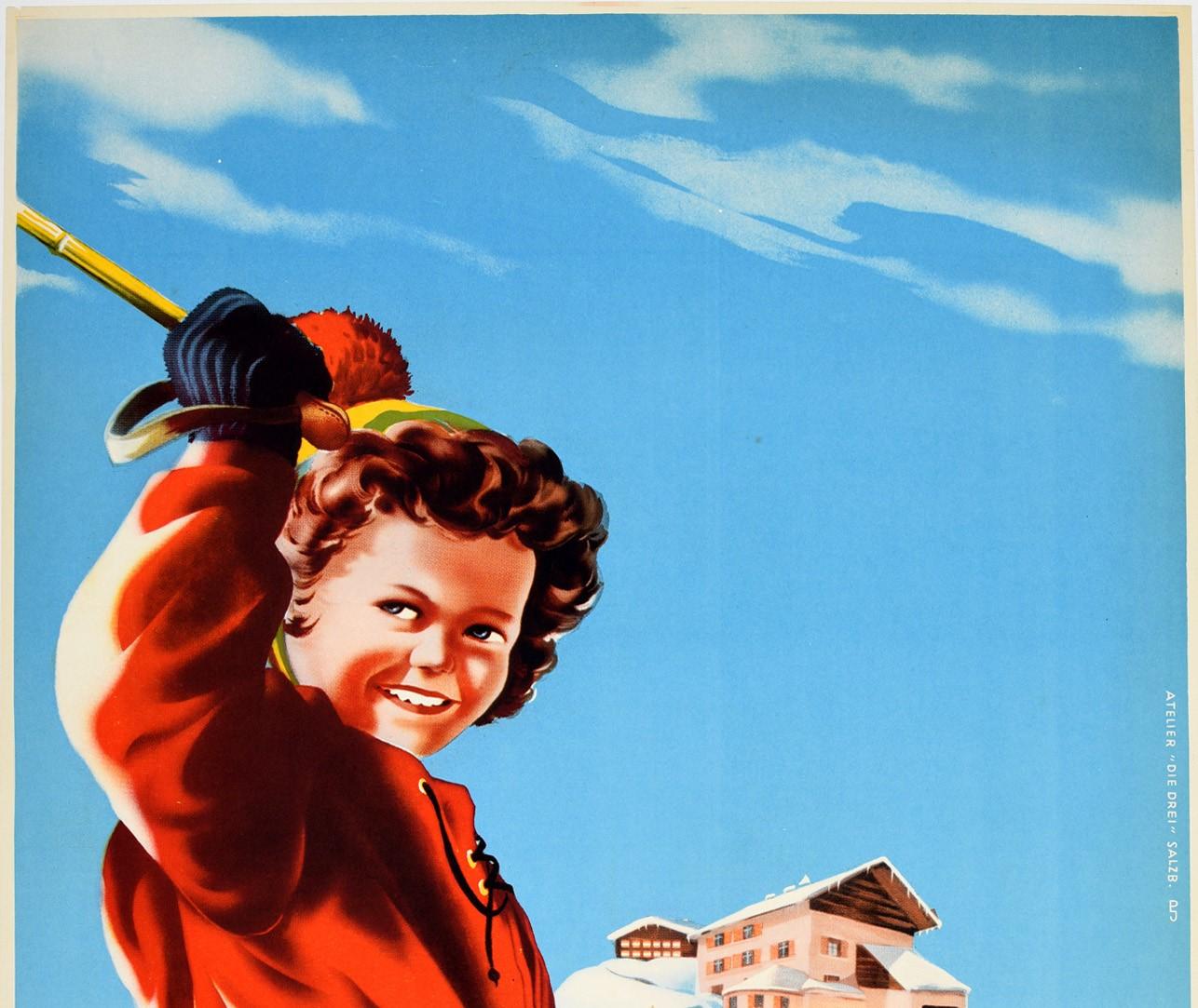 Original vintage ski travel poster for Zell Am See Austria featuring a young girl smiling and raising a ski pole over her head in front of people skiing down the piste at speed in the background and skiers in a cabin cable car riding up to the