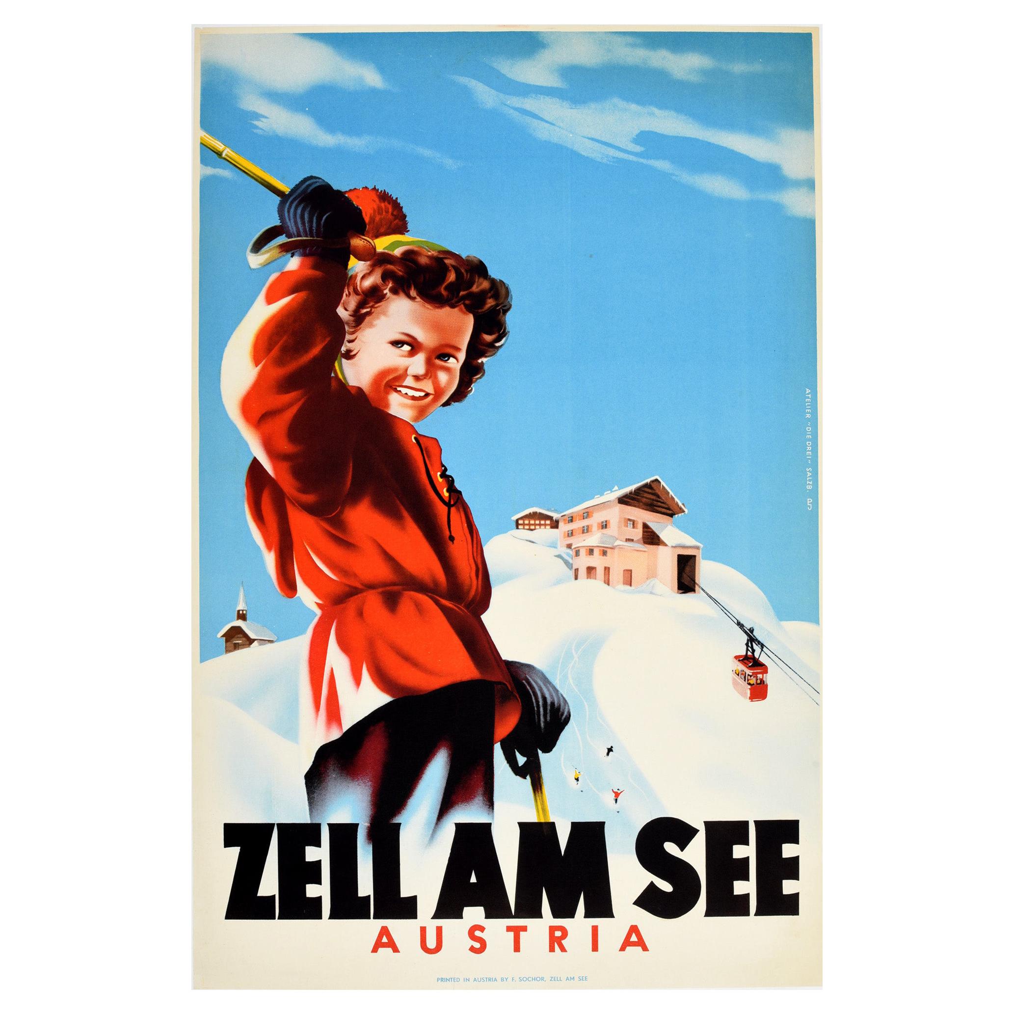Original Vintage Poster Zell Am See Austria Mountain Winter Sport Skiing Travel