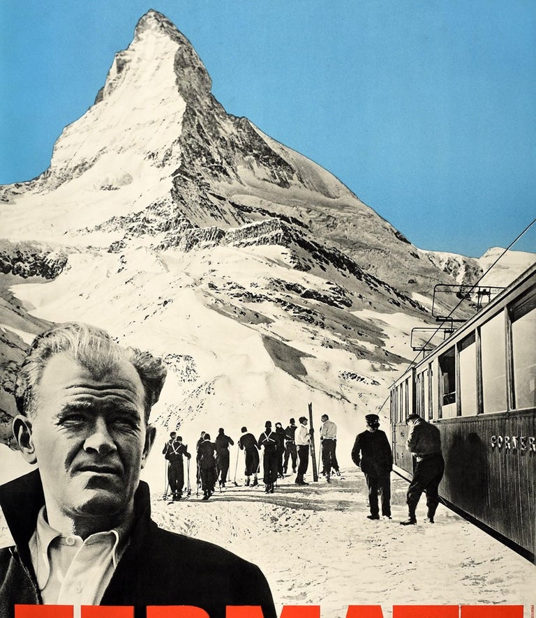 Mid-20th Century Original Vintage Poster Zermatt Switzerland Matterhorn Swiss Alps Skiing Travel For Sale