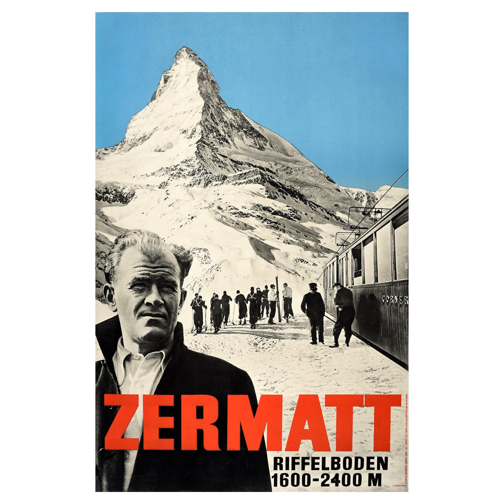 Original Vintage Poster Zermatt Switzerland Matterhorn Swiss Alps Skiing Travel