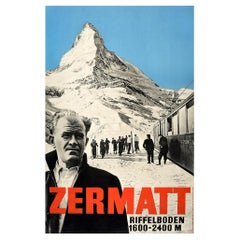 Affiche vintage originale Zermatt Suisse Cervin, Alpes suisses, Ski, Voyage