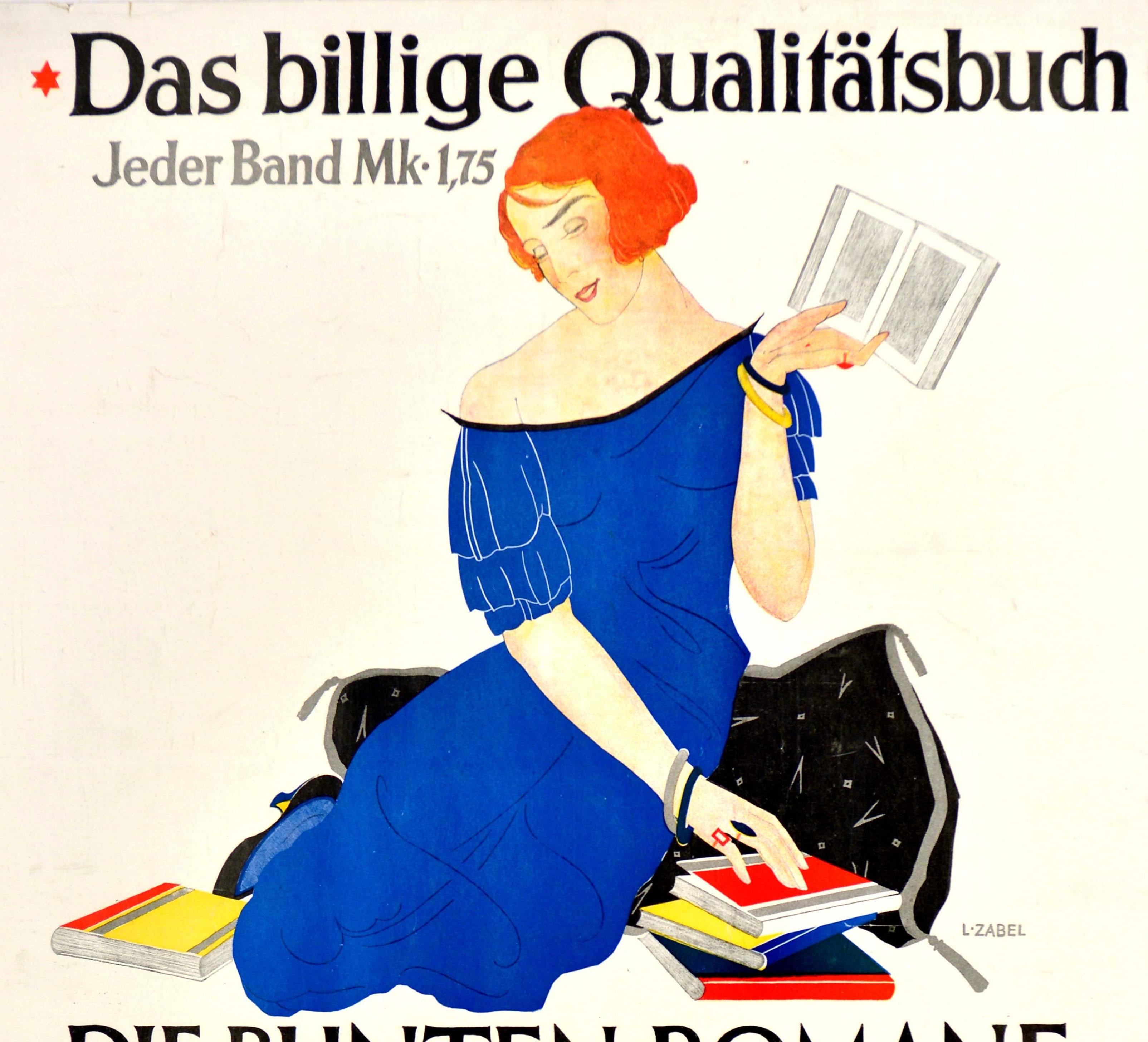 Original vintage publishing house advertising poster for Verlag der Schillerbuchhandlung Berlin books - Das billige qualitatsbuch Jeder band Mk 1,75 Die bunten romane / The affordable quality book Each 1.75 Mark The colourful novels - featuring an