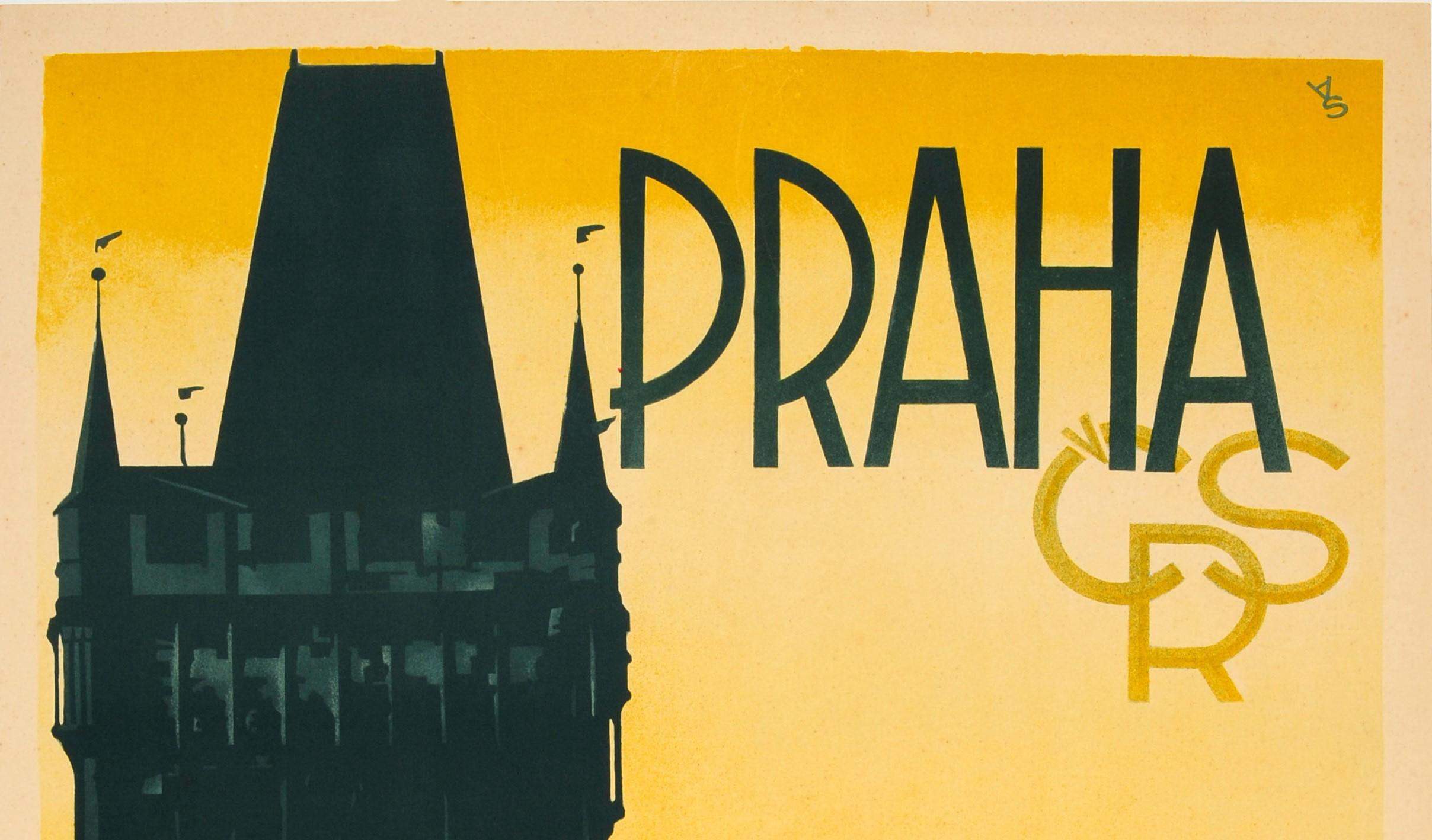 Original vintage travel poster advertising Praha / Prague (the capital and largest city in the Czech Republic previously Czechoslovakia and the historical capital of Bohemia, located on the Vltava river). Stunning Art Deco style design featuring a