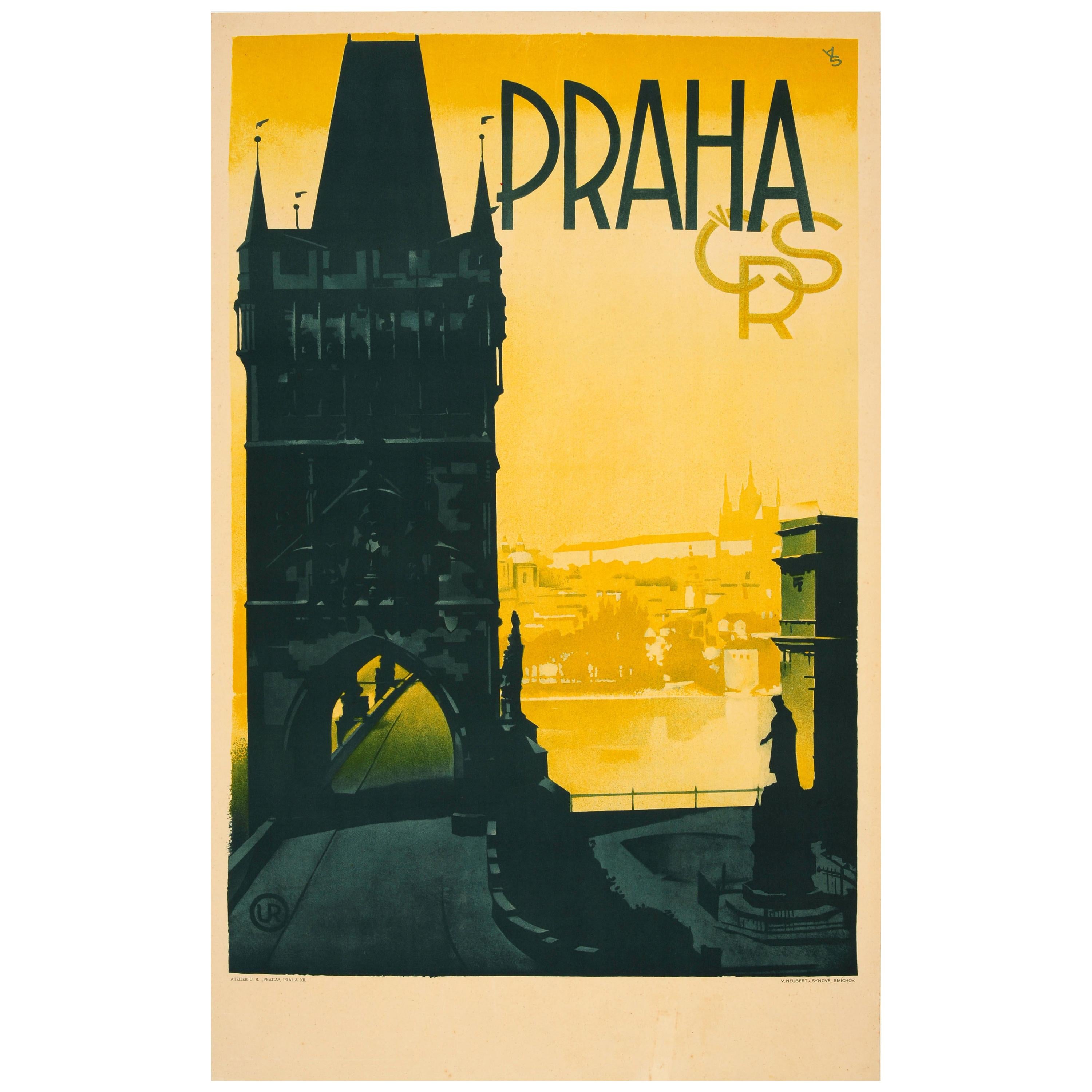 Original Vintage Prague Travel Poster Praha Czechoslovakia Old Town Bridge View