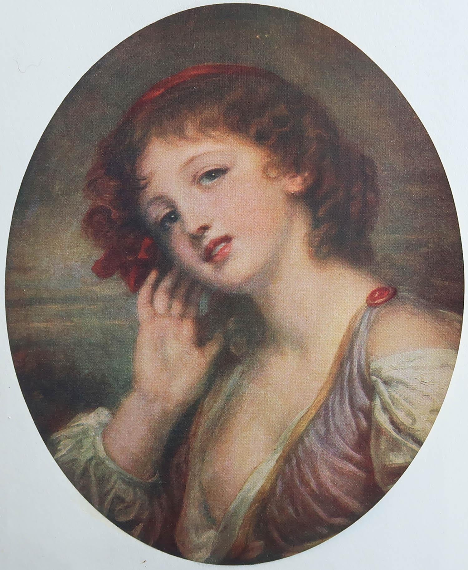 Wonderful print after Greuze

Lovely colors.

Tipped in plate on good quality paper

Chromolithograph 

Published circa 1920

The measurement given below is the off white paper size, not the actual image.

Unframed.

